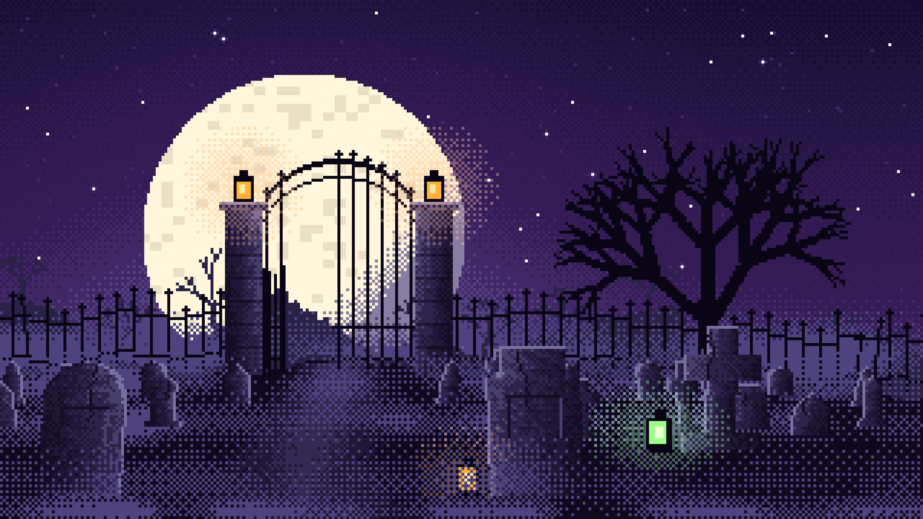 Dark Purple Pixel Art Foggy Graveyard at Night desktop wallpaper in 4K
