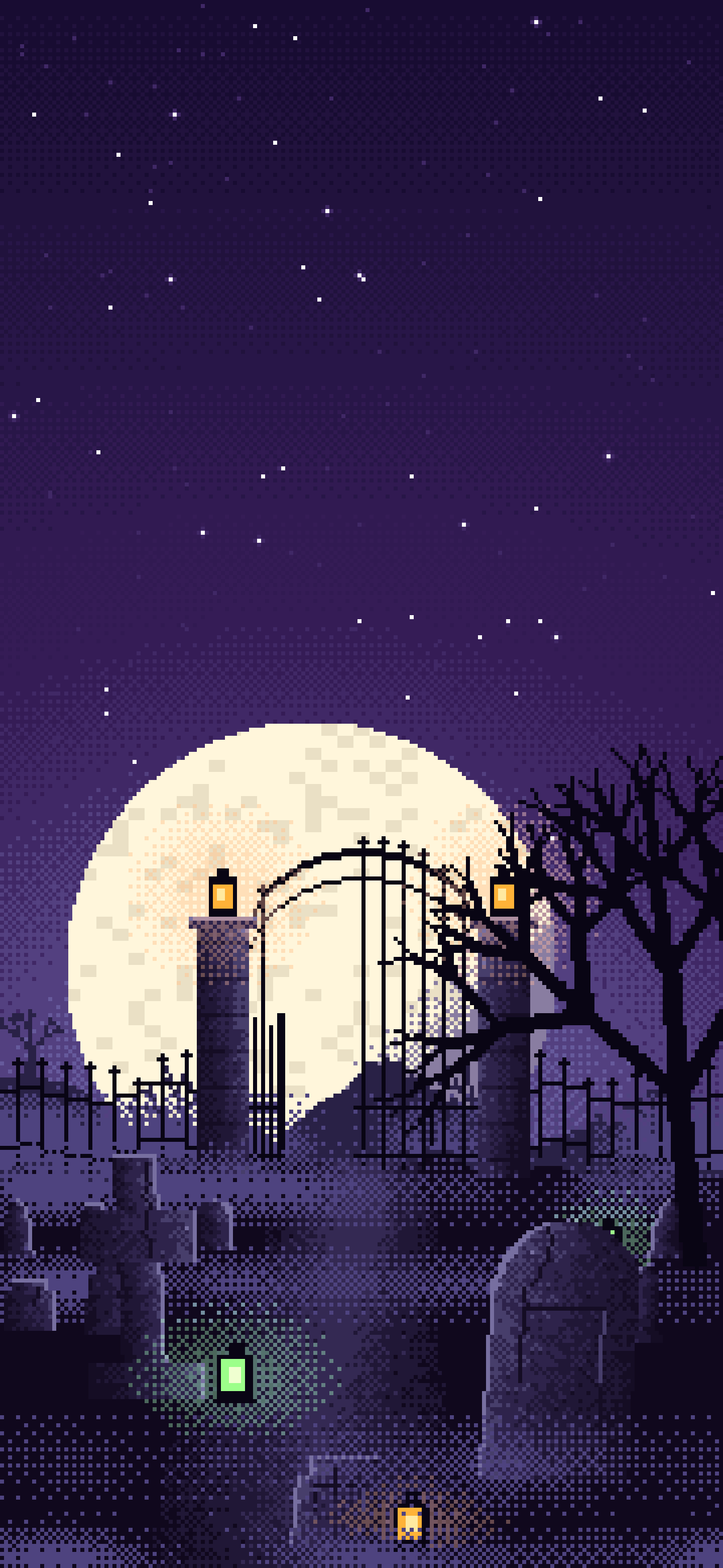 Dark Purple Pixel Art Foggy Graveyard at Night wallpaper for iPhone and Android