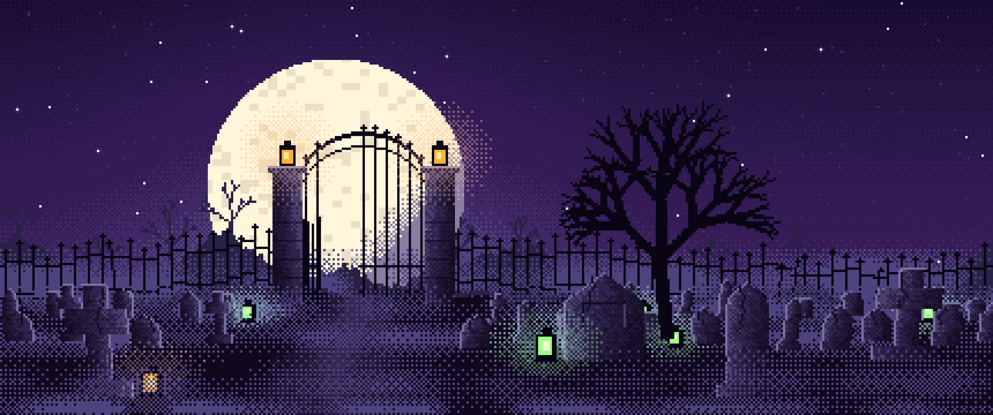 Dark Purple Pixel Art Foggy Graveyard at Night ultrawide wallpaper, 3440 × 1440
