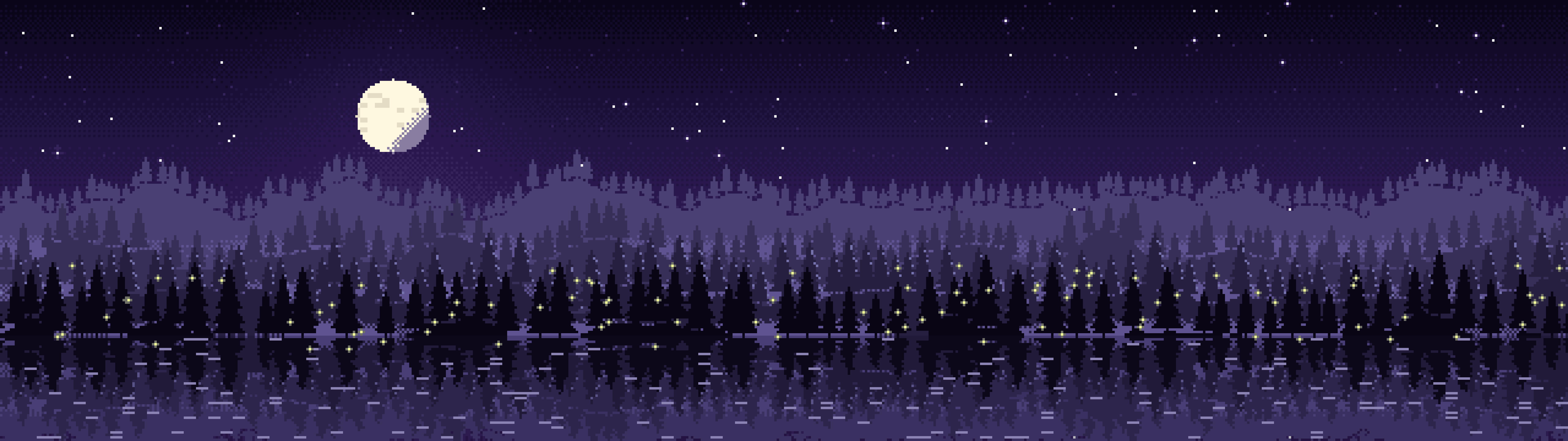 Dark Purple Pixel Art Forest dual monitor wallpaper, 7680 × 2160