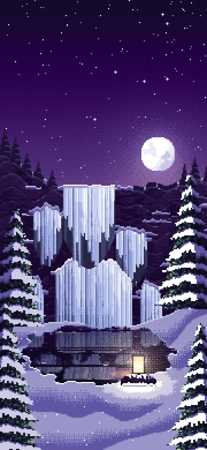 Dark Purple Pixel Art Frozen Waterfall in Moonlight wallpaper for iPhone and Android