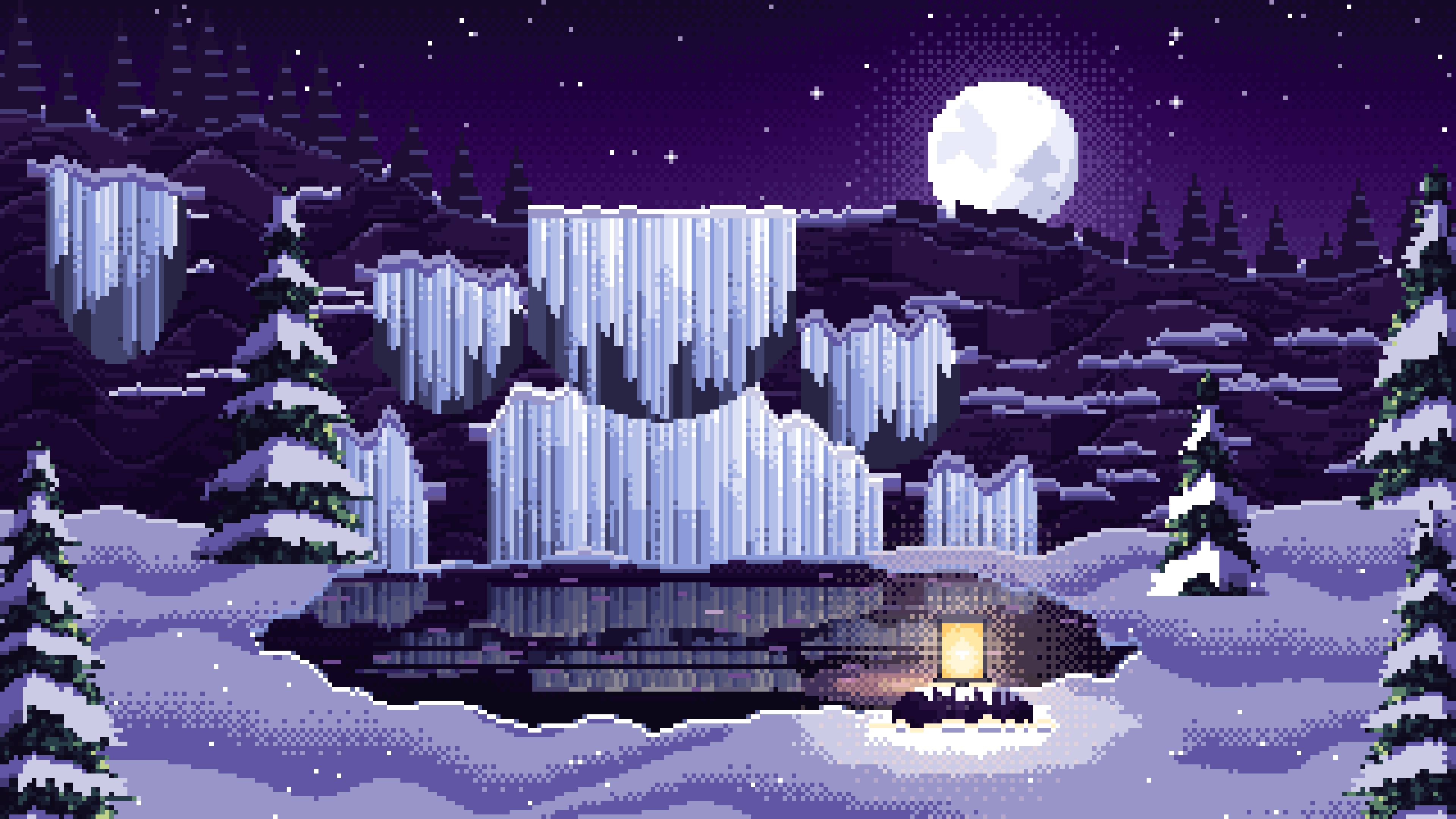 Dark Purple Pixel Art Frozen Waterfall in Moonlight desktop wallpaper in 4K