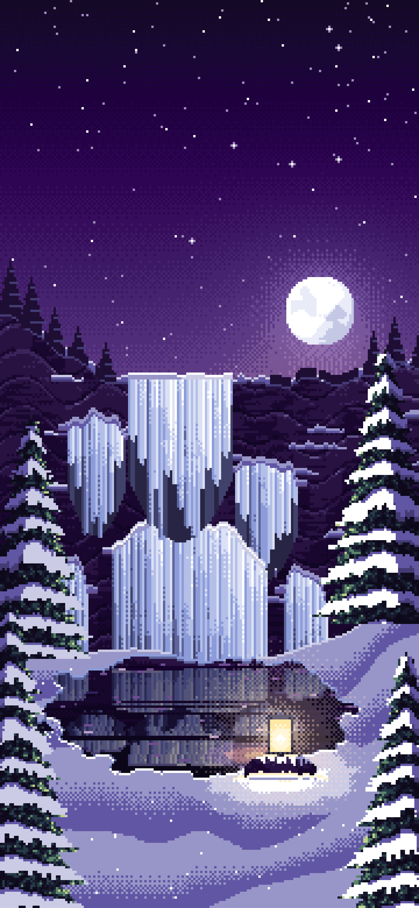 Dark Purple Pixel Art Frozen Waterfall in Moonlight wallpaper for iPhone and Android