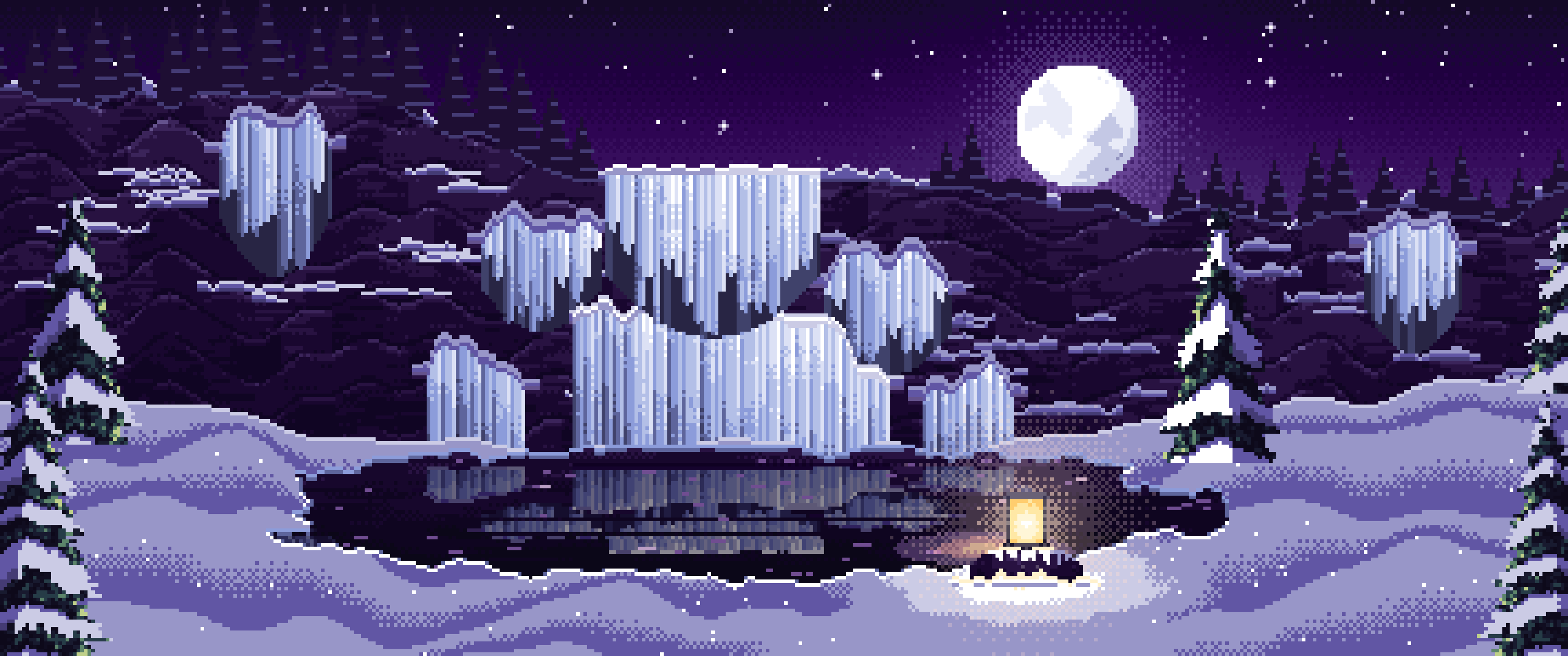 Dark Purple Pixel Art Frozen Waterfall in Moonlight ultrawide wallpaper, 3440 × 1440