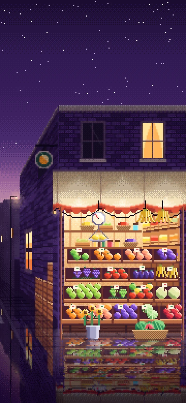 Dark Purple Pixel Art Fruit Stand wallpaper for iPhone and Android