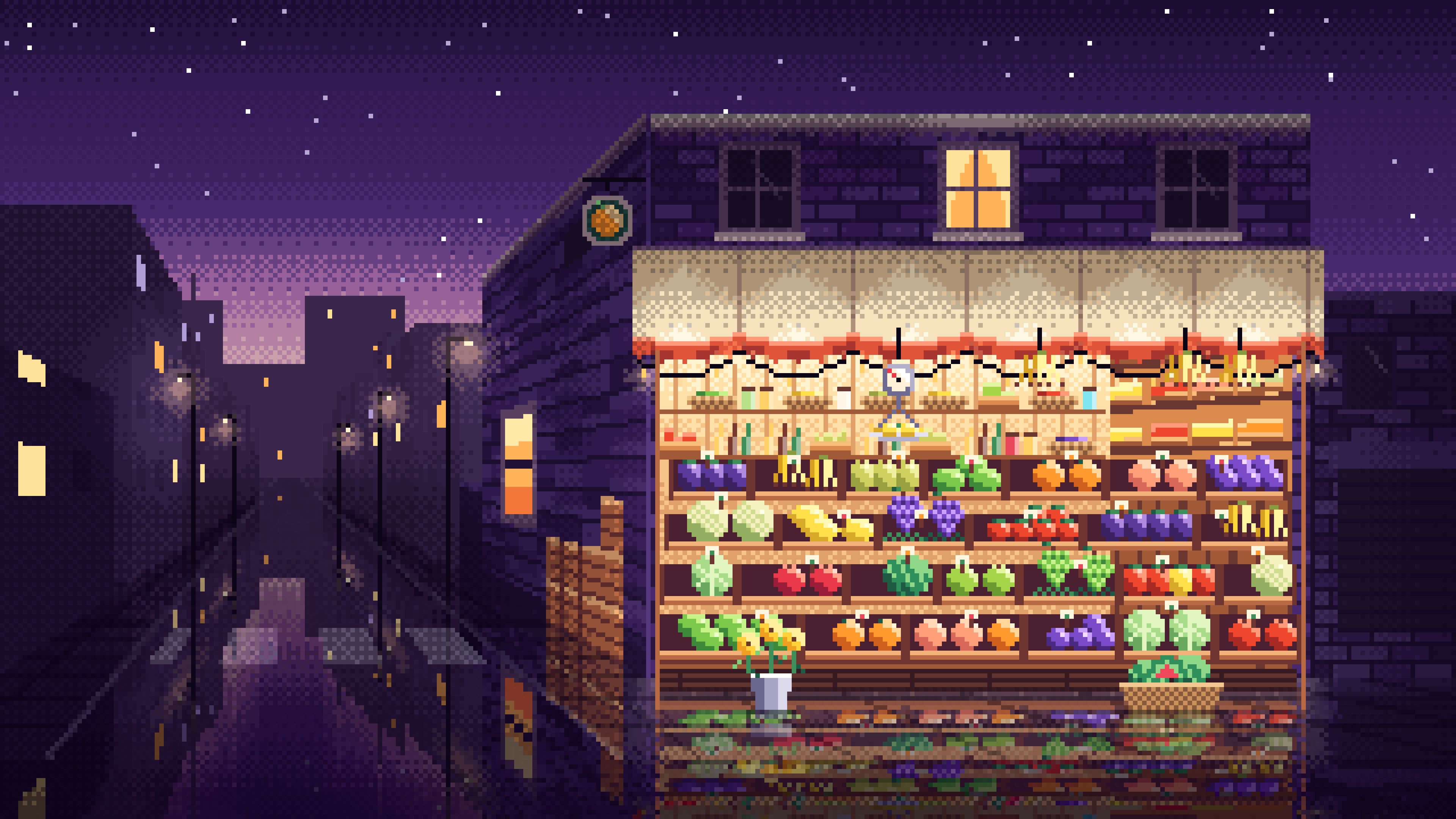 Dark Purple Pixel Art Fruit Stand desktop wallpaper in 4K