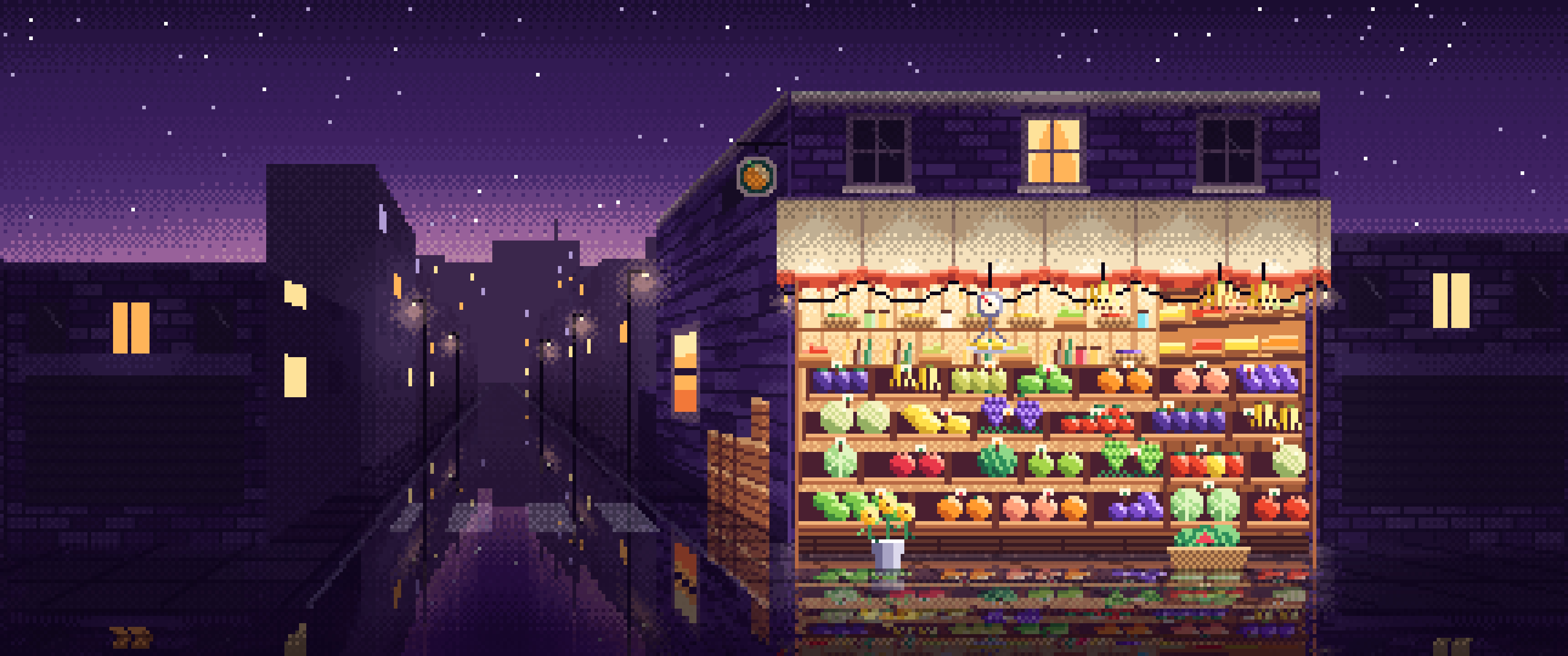 Dark Purple Pixel Art Fruit Stand ultrawide wallpaper, 3440 × 1440