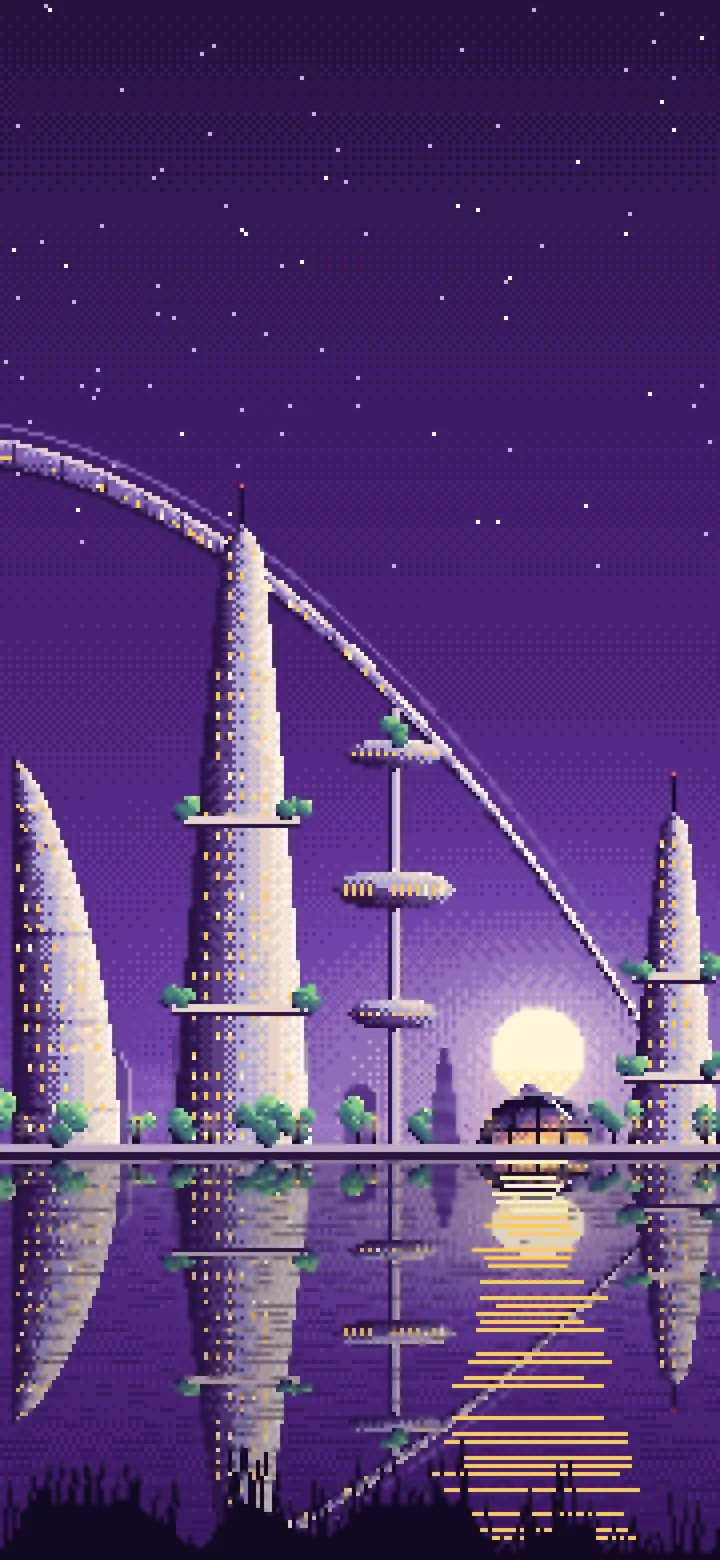 Dark Purple Pixel Art Futuristic Skyline Under an Orbital Ring wallpaper for iPhone and Android