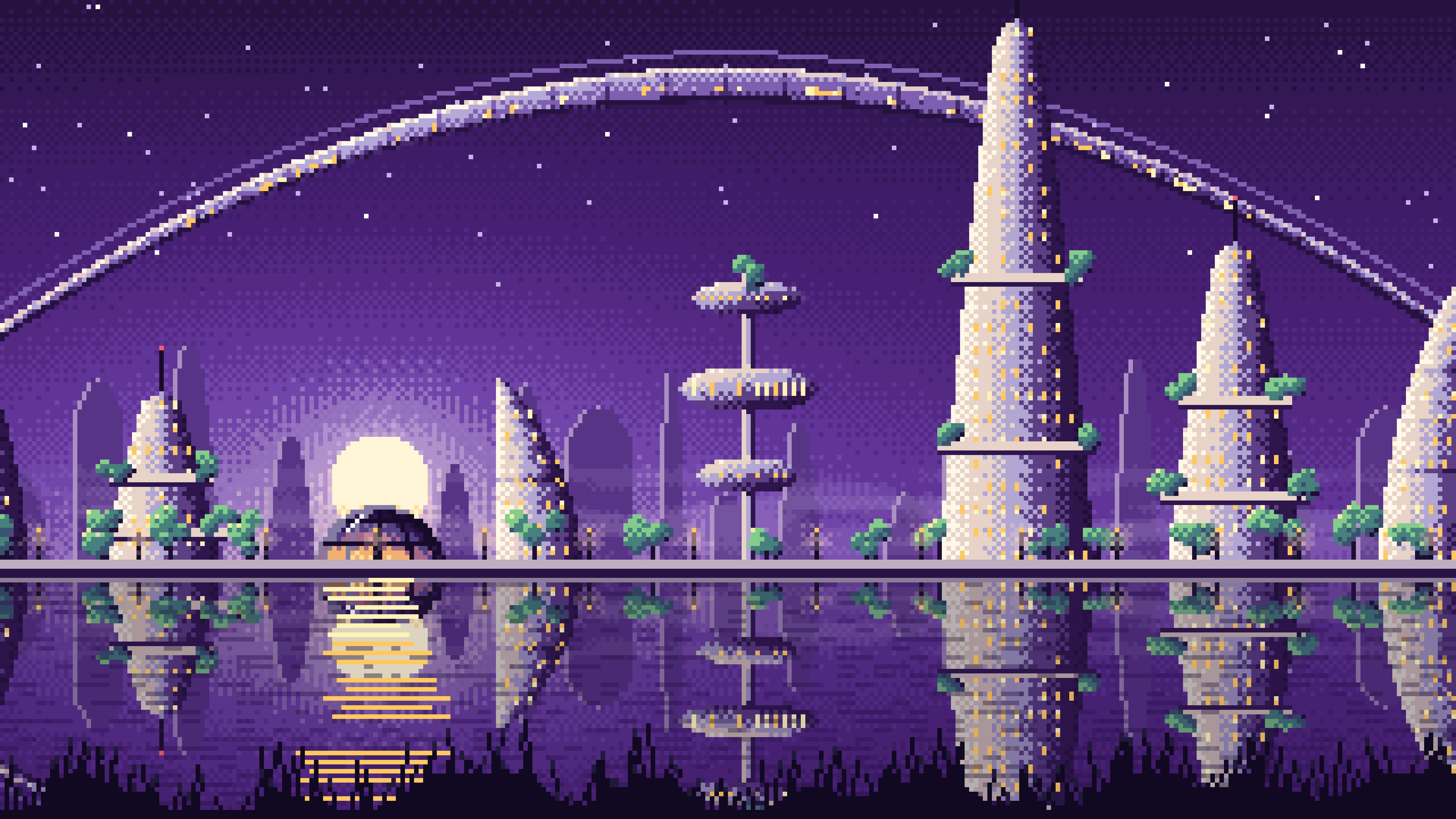 Dark Purple Pixel Art Futuristic Skyline Under an Orbital Ring desktop wallpaper in 4K