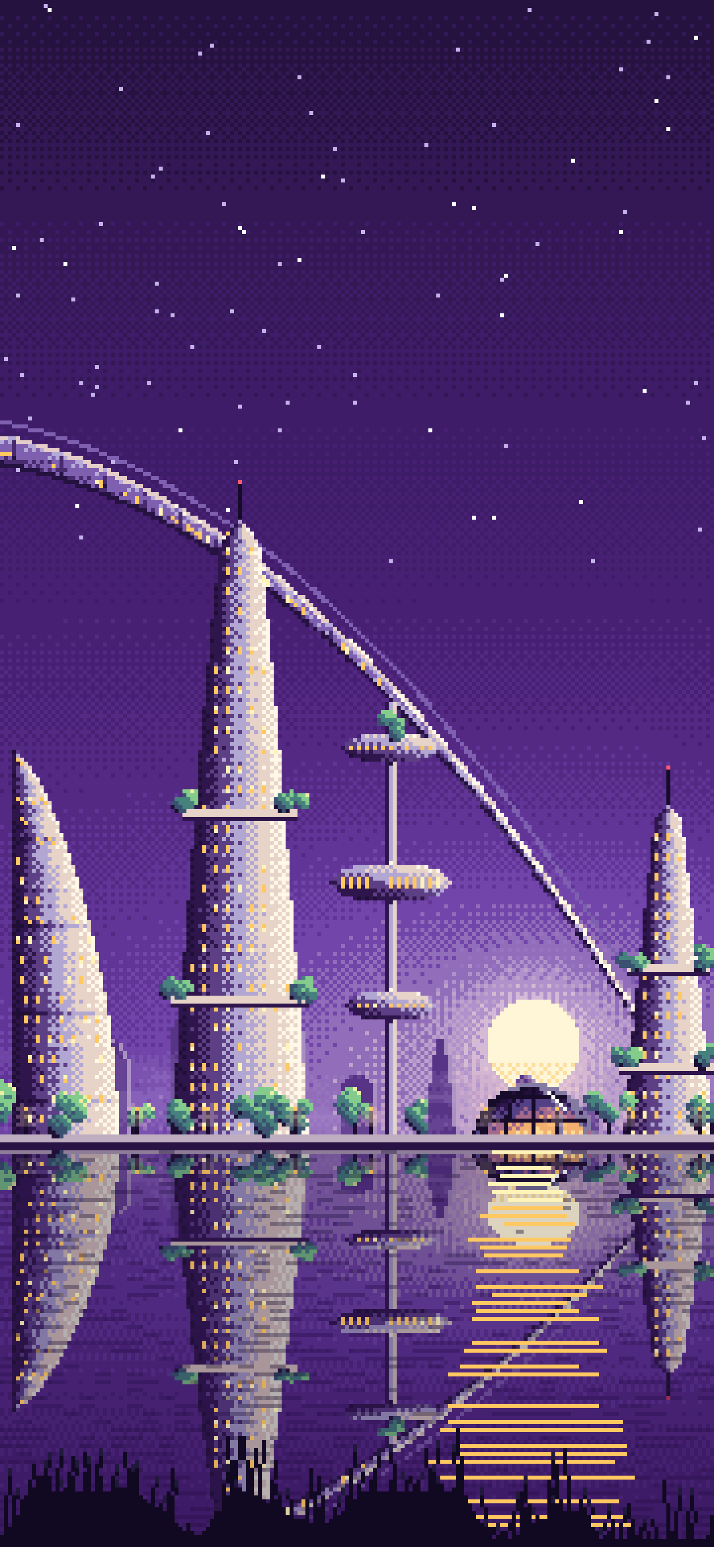 Dark Purple Pixel Art Futuristic Skyline Under an Orbital Ring wallpaper for iPhone and Android