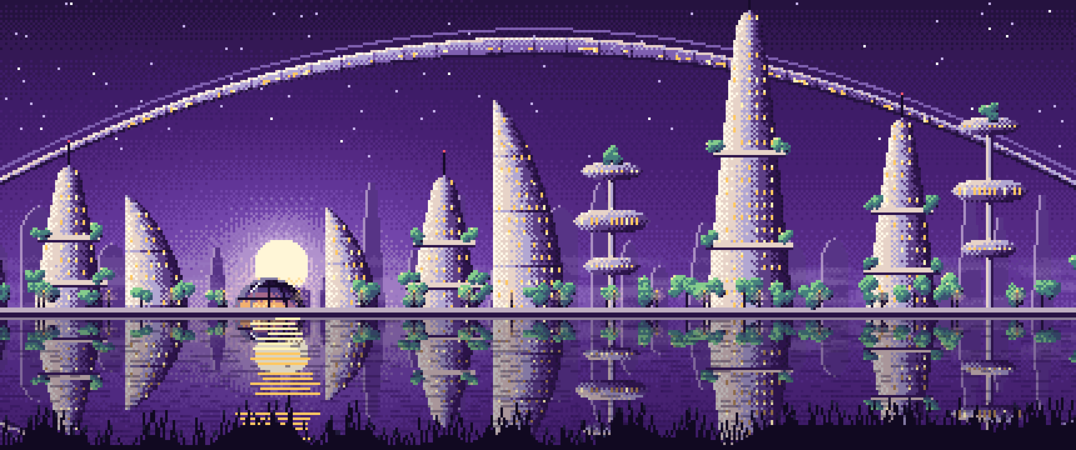 Dark Purple Pixel Art Futuristic Skyline Under an Orbital Ring ultrawide wallpaper, 3440 × 1440