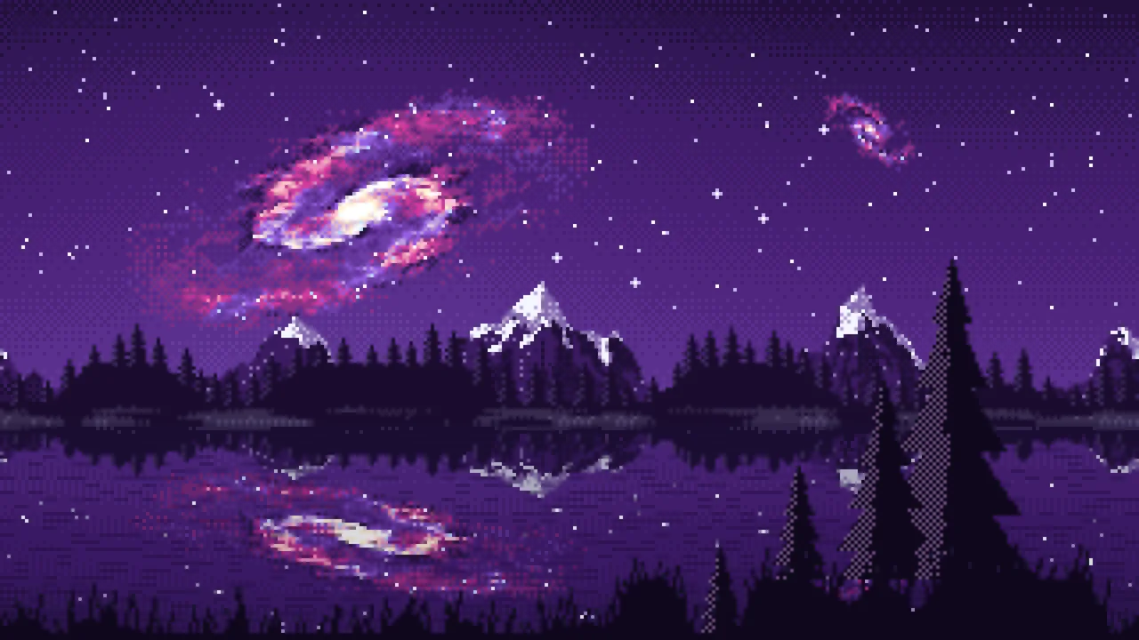 Dark Purple Pixel Art Galaxy Over a Mountain Lake desktop wallpaper in 4K
