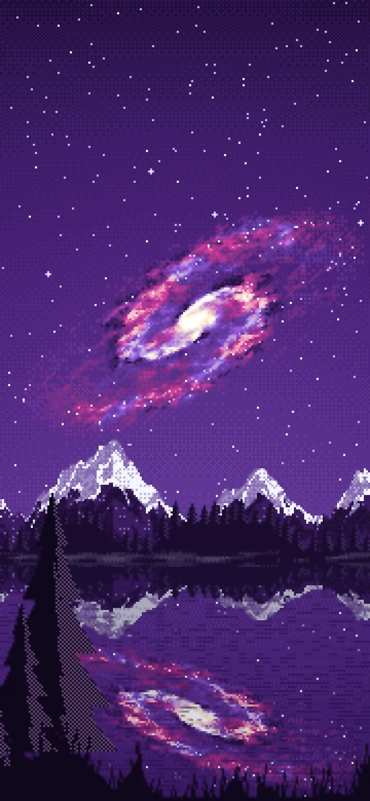 Dark Purple Pixel Art Galaxy Over a Mountain Lake wallpaper for iPhone and Android