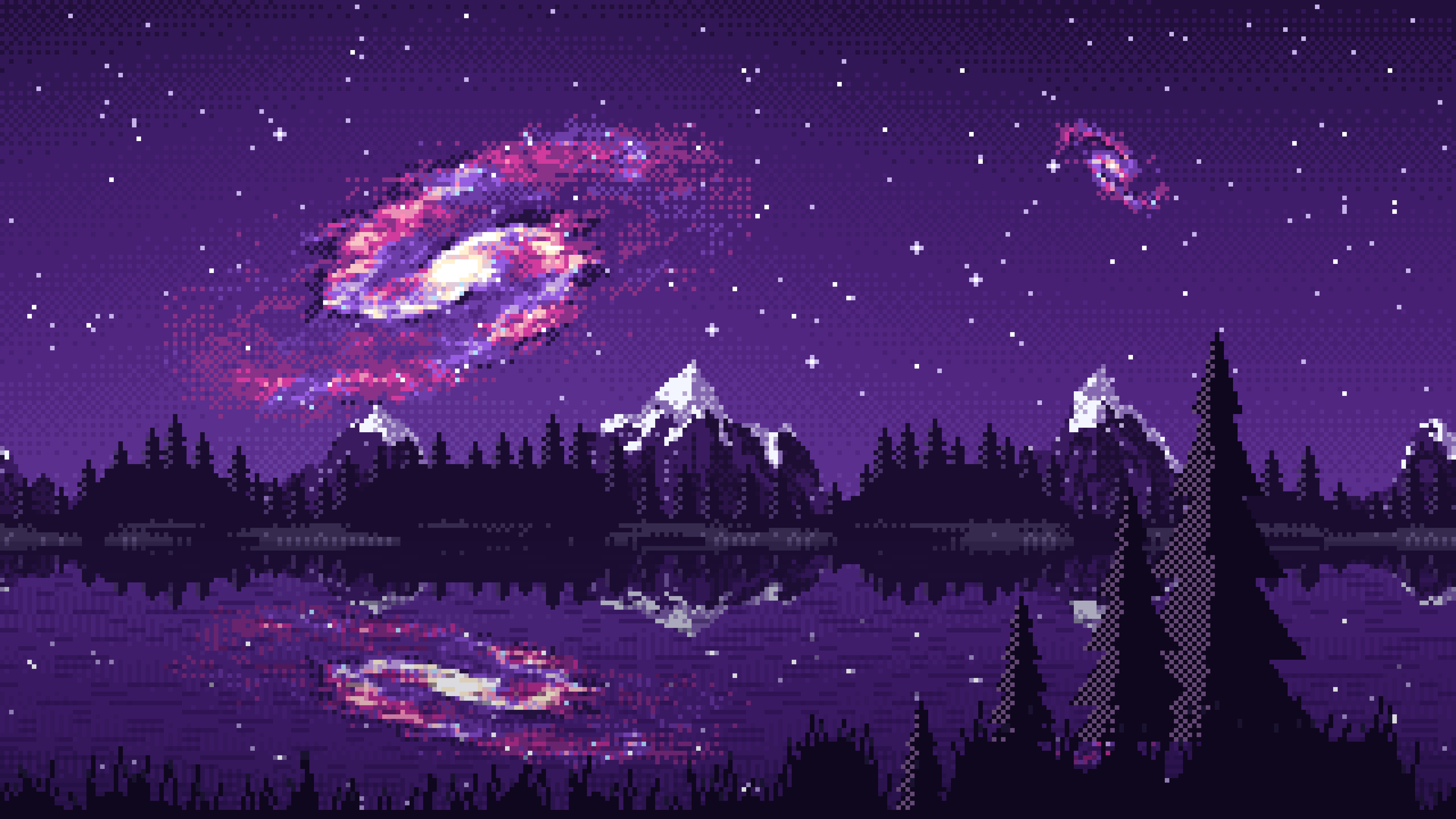 Dark Purple Pixel Art Galaxy Over a Mountain Lake desktop wallpaper in 4K