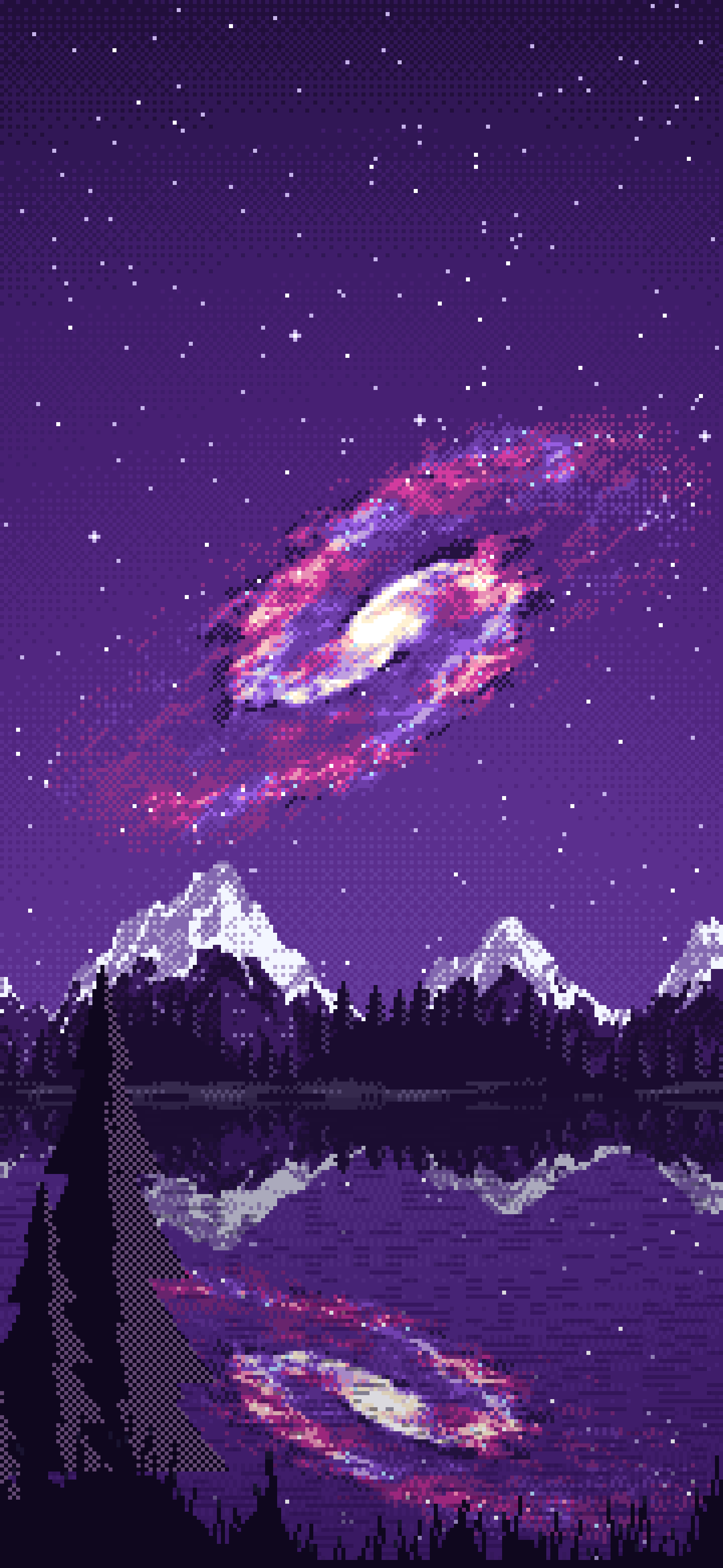 Dark Purple Pixel Art Galaxy Over a Mountain Lake wallpaper for iPhone and Android