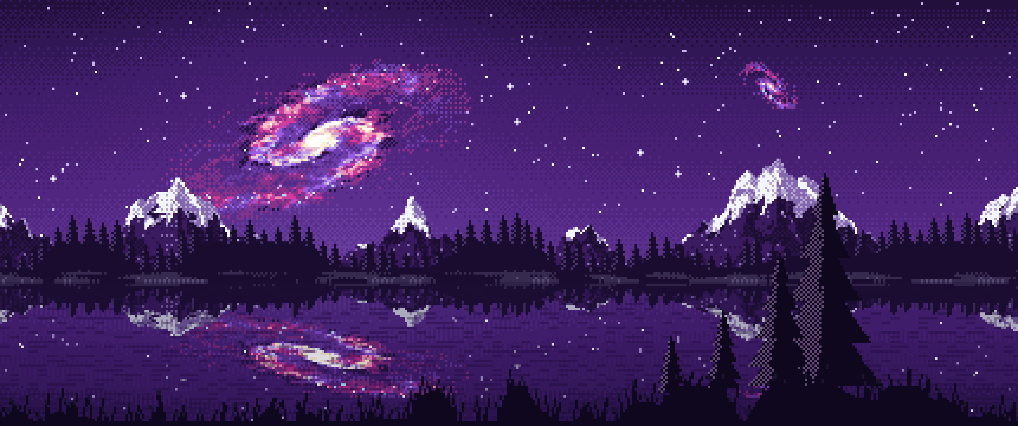 Dark Purple Pixel Art Galaxy Over a Mountain Lake ultrawide wallpaper, 3440 × 1440