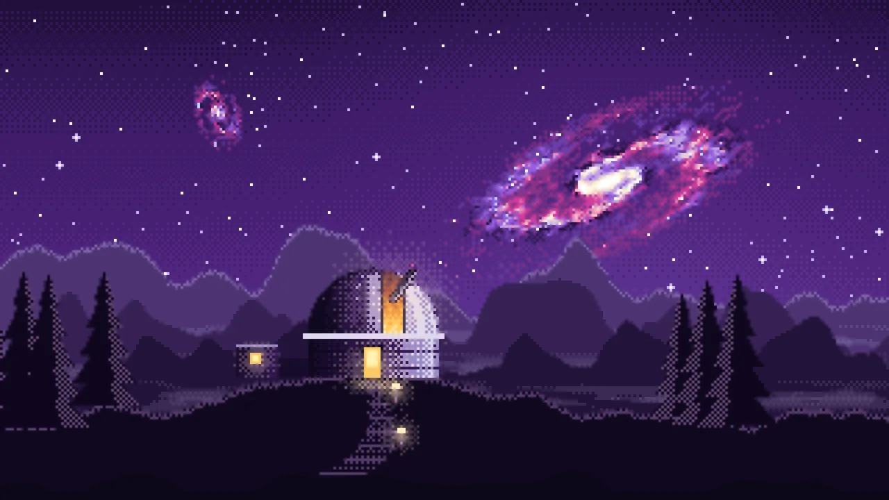 Dark Purple Pixel Art Galaxy Over an Observatory desktop wallpaper in 4K