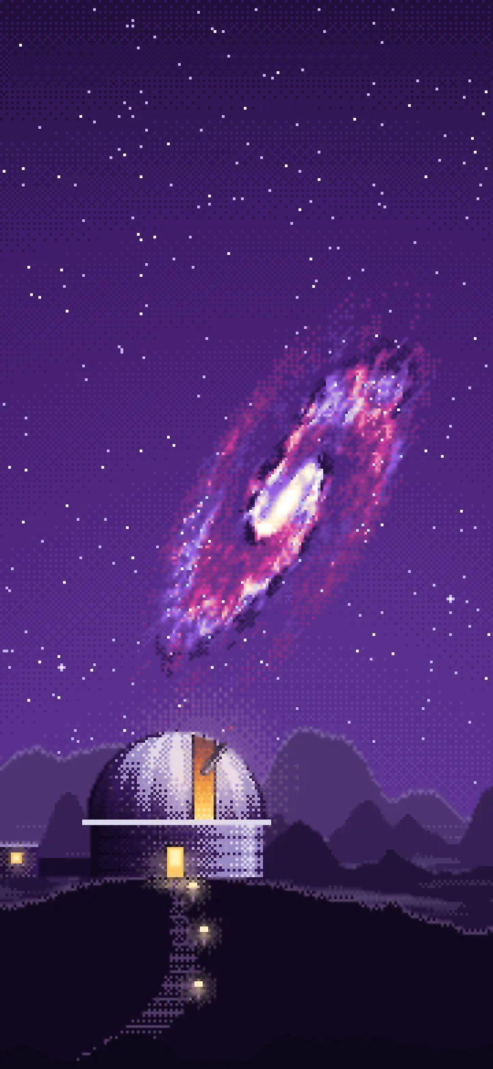Dark Purple Pixel Art Galaxy Over an Observatory wallpaper for iPhone and Android