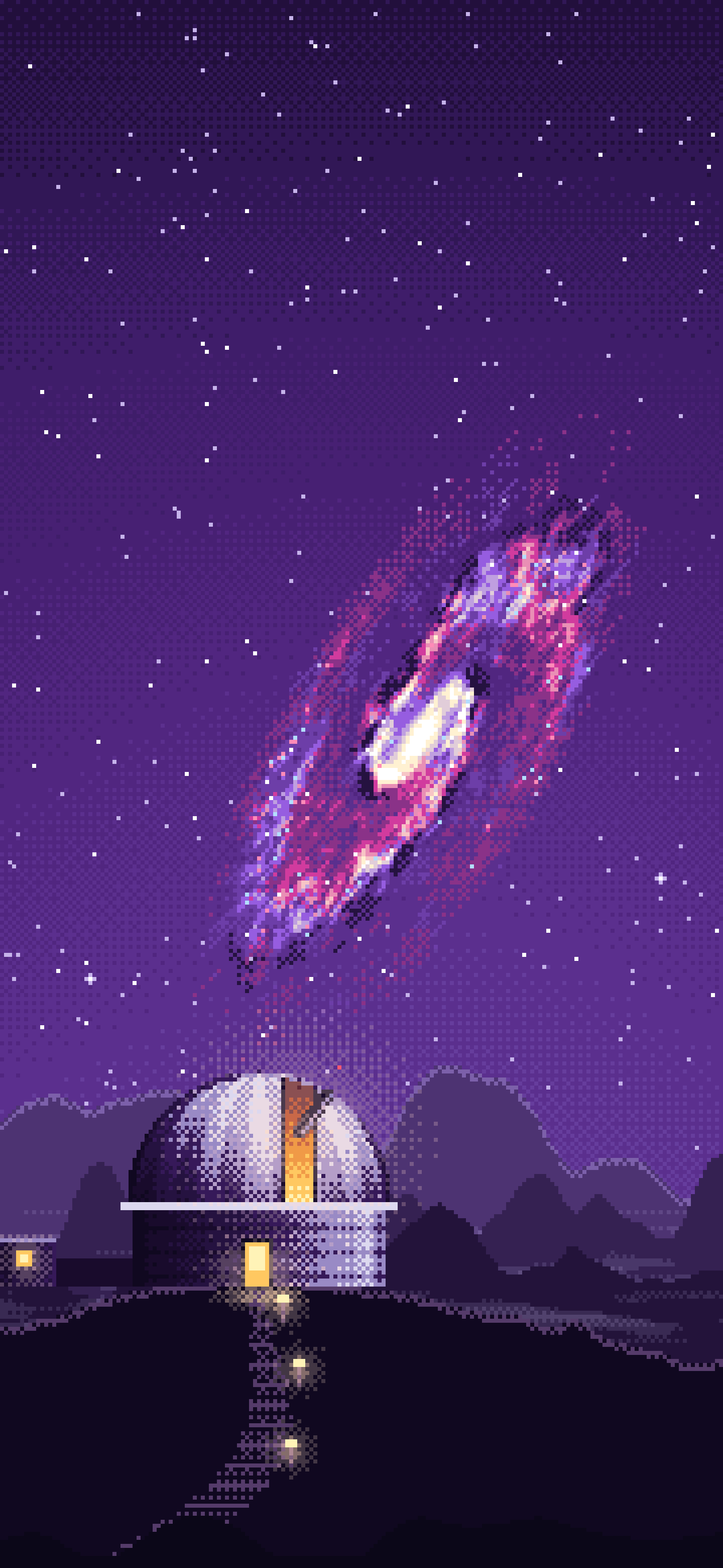 Dark Purple Pixel Art Galaxy Over an Observatory wallpaper for iPhone and Android