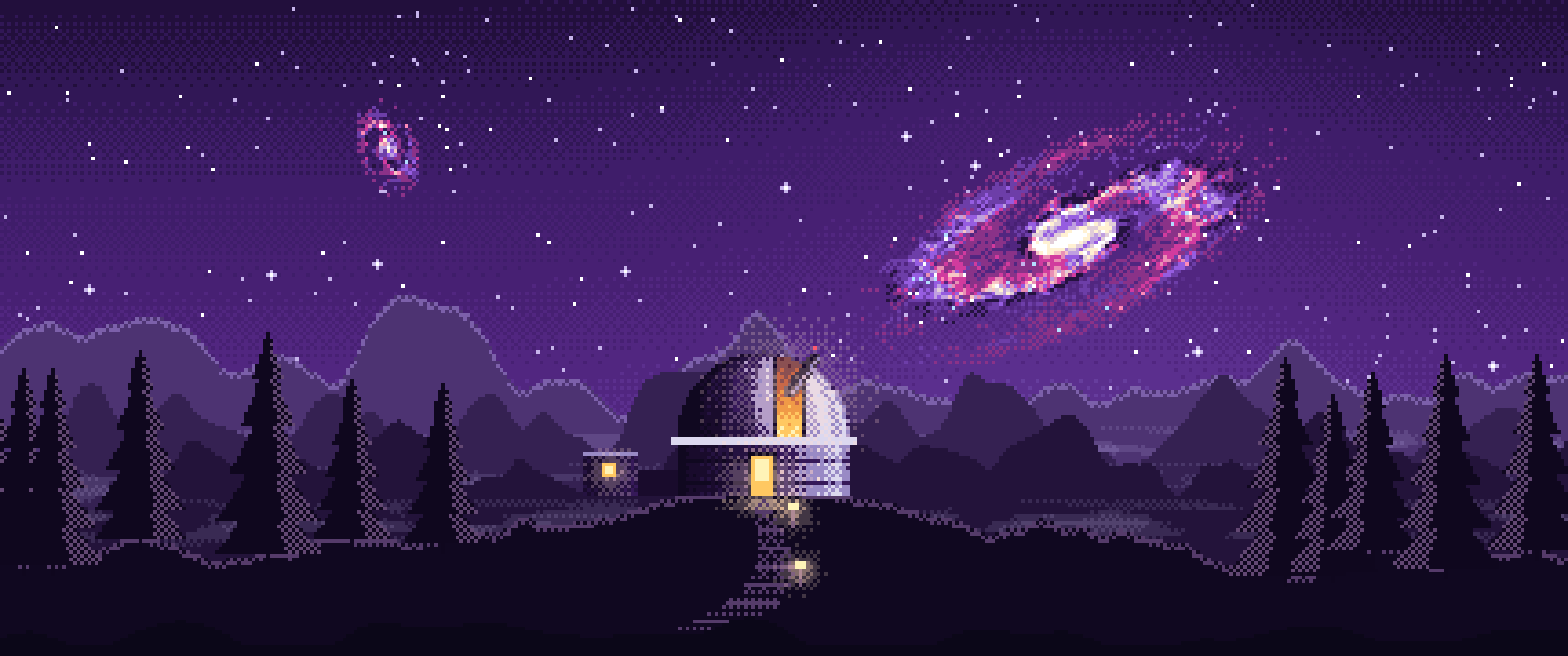 Dark Purple Pixel Art Galaxy Over an Observatory ultrawide wallpaper, 3440 × 1440