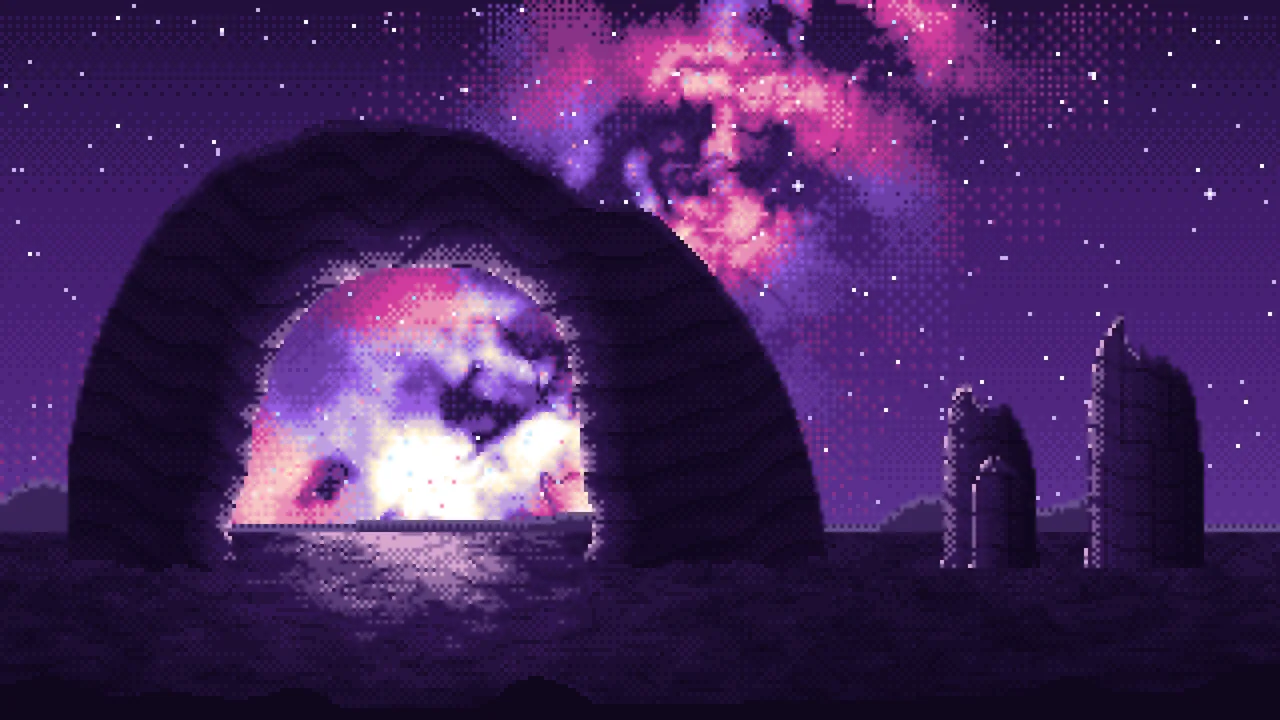 Dark Purple Pixel Art Galaxy Over Desert Rocks desktop wallpaper in 4K