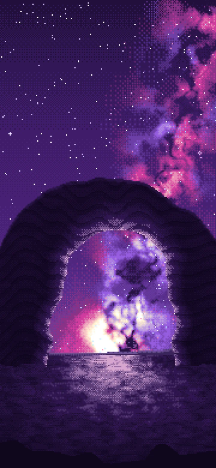 Dark Purple Pixel Art Galaxy Over Desert Rocks wallpaper for iPhone and Android