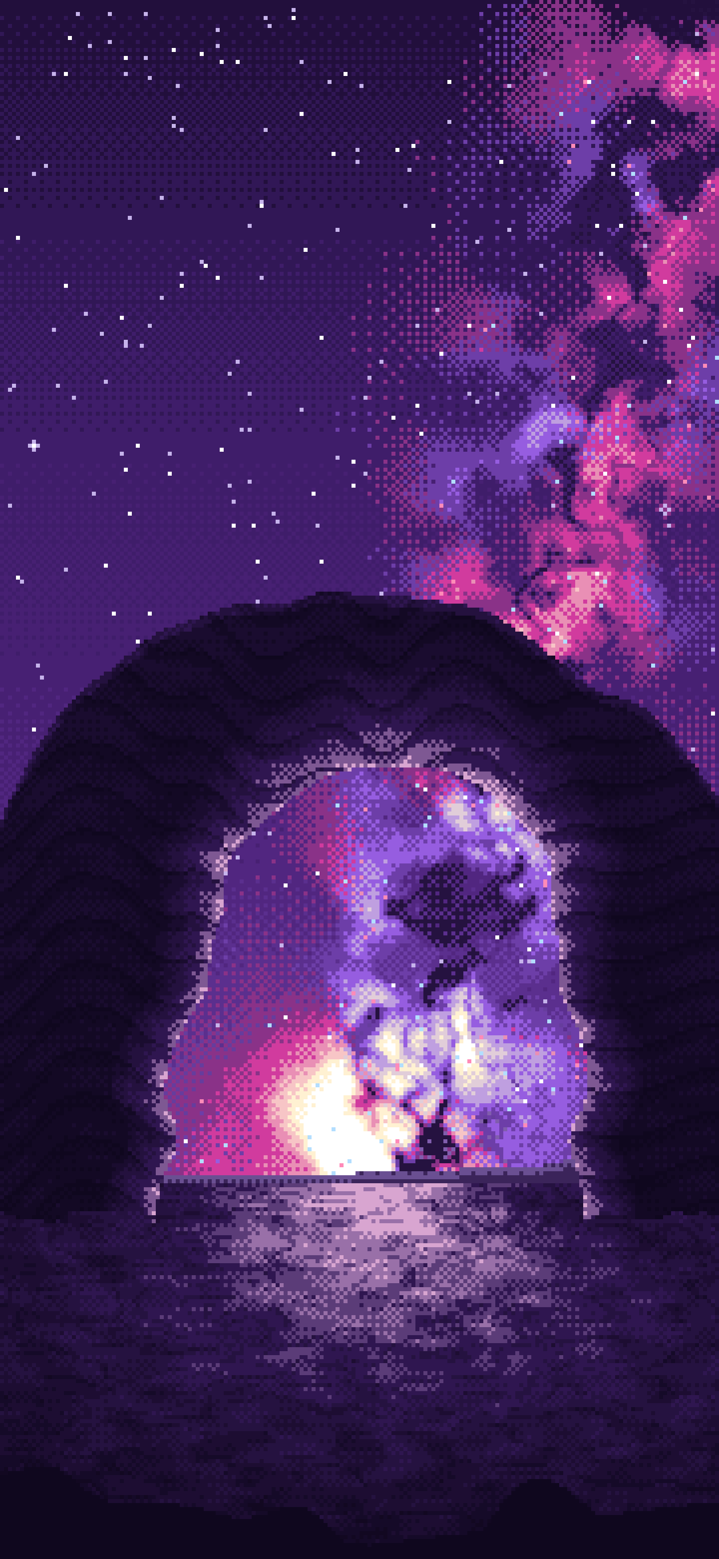 Dark Purple Pixel Art Galaxy Over Desert Rocks wallpaper for iPhone and Android