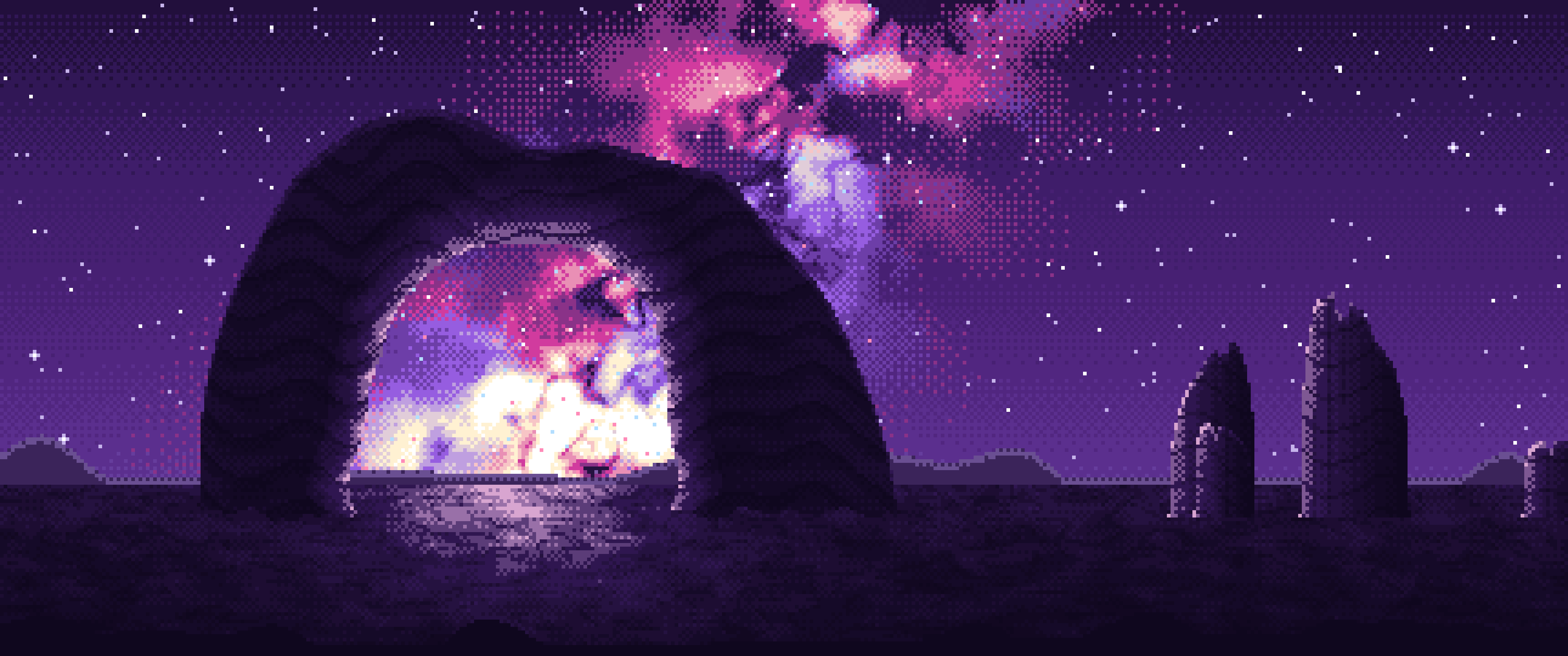 Dark Purple Pixel Art Galaxy Over Desert Rocks ultrawide wallpaper, 3440 × 1440