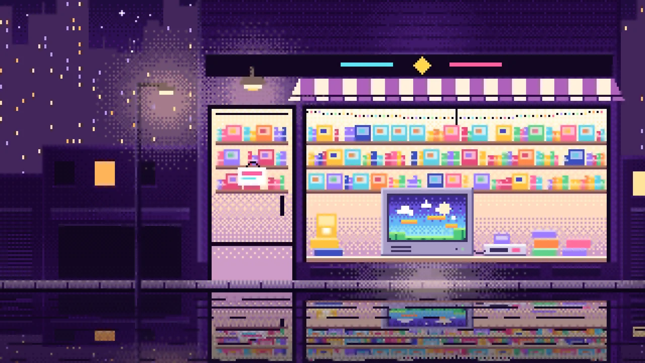 Dark Purple Pixel Art Game Shop at Night desktop wallpaper in 4K