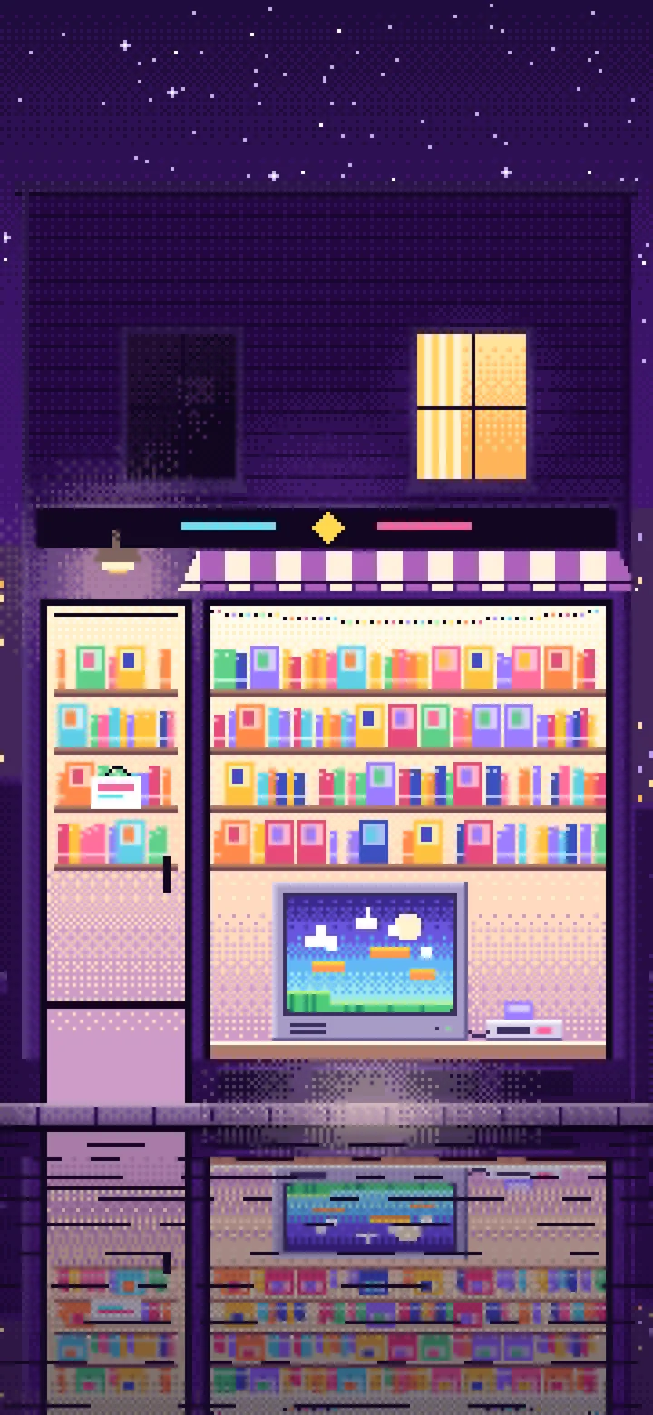 Dark Purple Pixel Art Game Shop at Night wallpaper for iPhone and Android