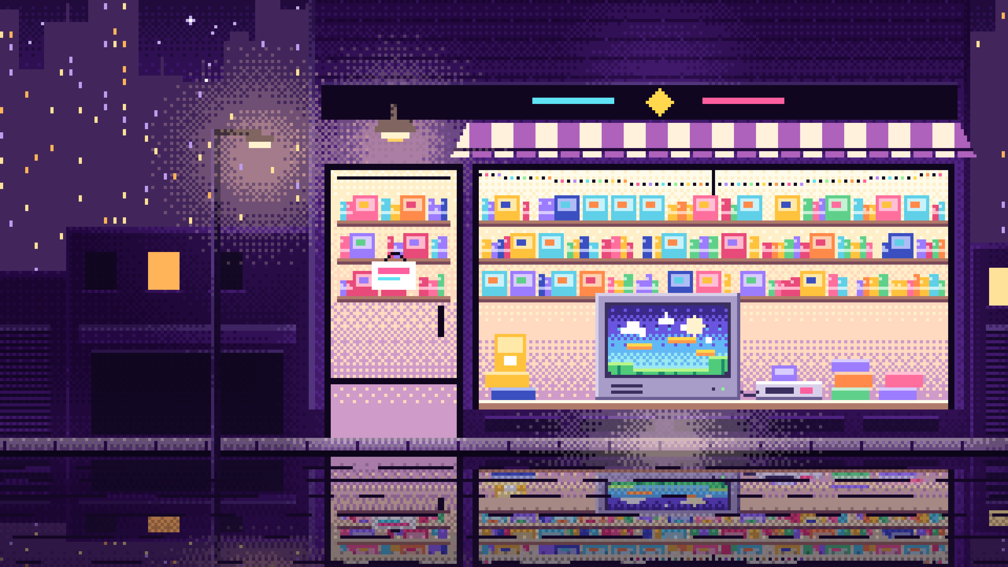 Dark Purple Pixel Art Game Shop at Night desktop wallpaper in 4K
