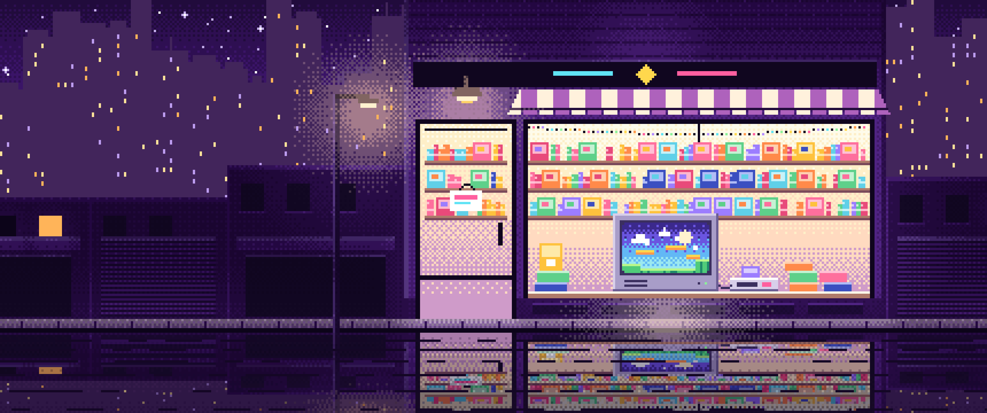 Dark Purple Pixel Art Game Shop at Night ultrawide wallpaper, 3440 × 1440
