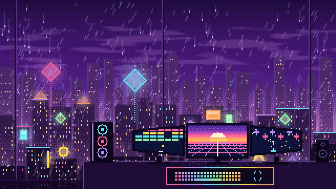 Dark Purple Pixel Art Gaming Setup Above a Neon City desktop wallpaper in 4K