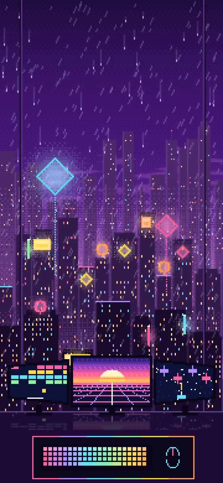 Dark Purple Pixel Art Gaming Setup Above a Neon City wallpaper for iPhone and Android