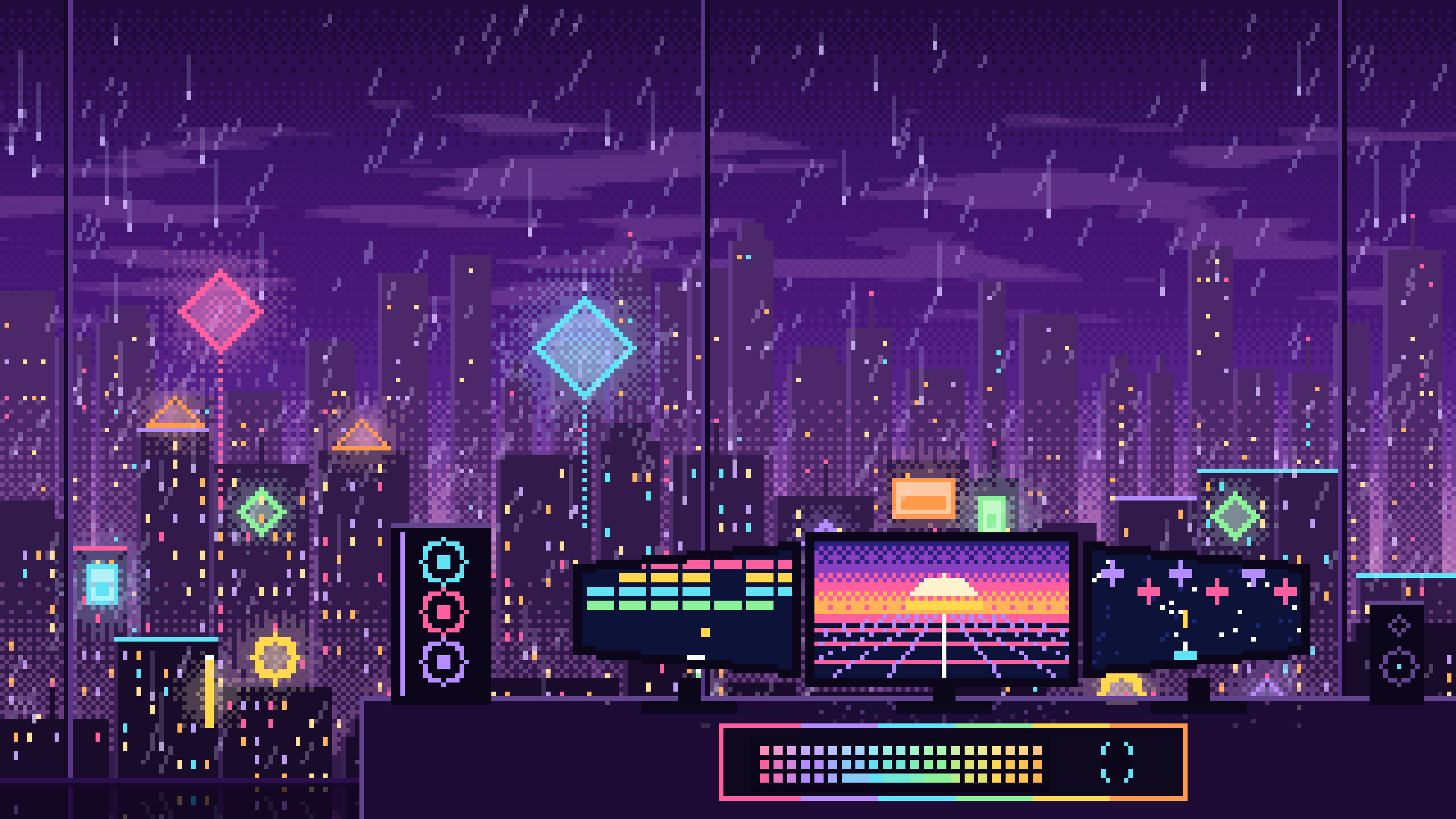 Dark Purple Pixel Art Gaming Setup Above a Neon City desktop wallpaper in 4K