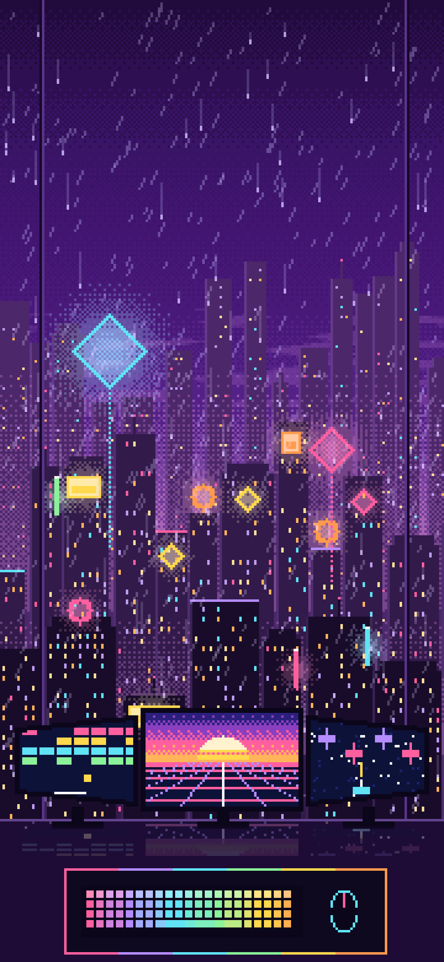 Dark Purple Pixel Art Gaming Setup Above a Neon City wallpaper for iPhone and Android