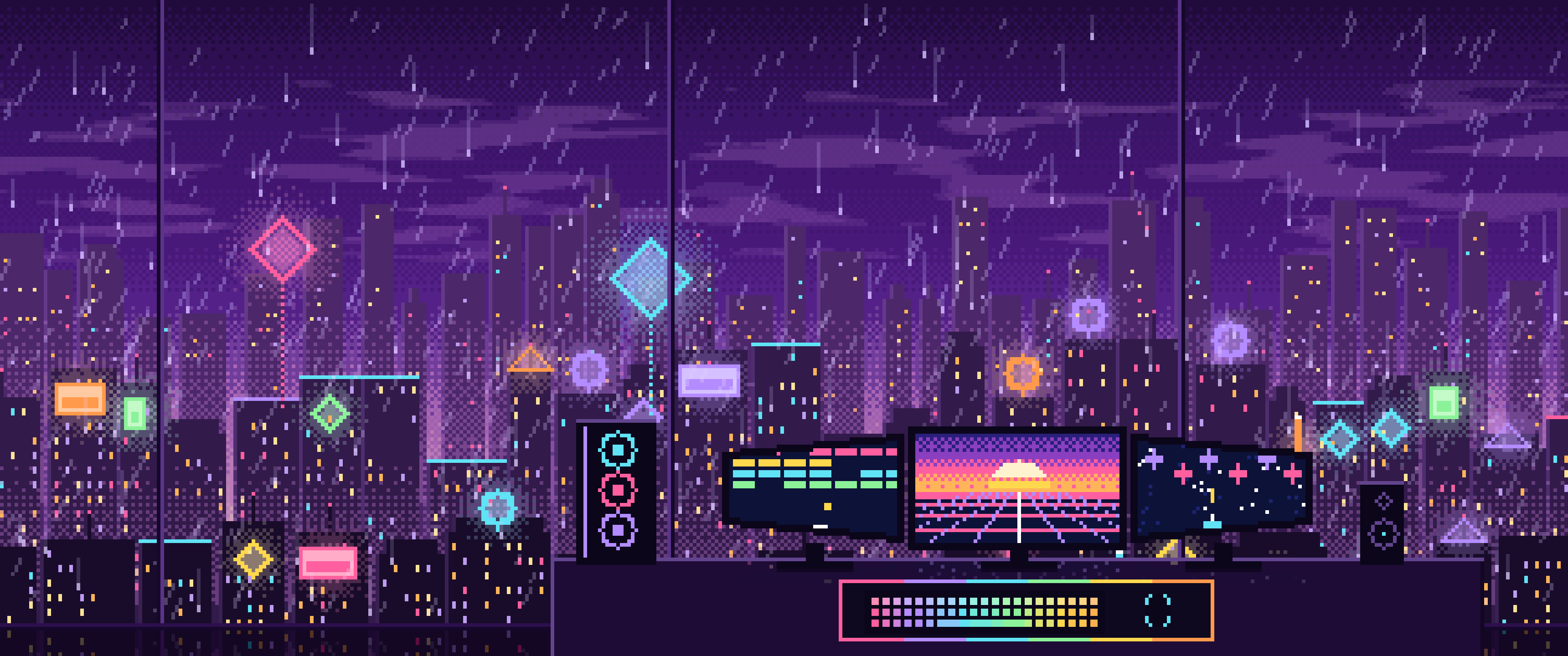 Dark Purple Pixel Art Gaming Setup Above a Neon City ultrawide wallpaper, 3440 × 1440