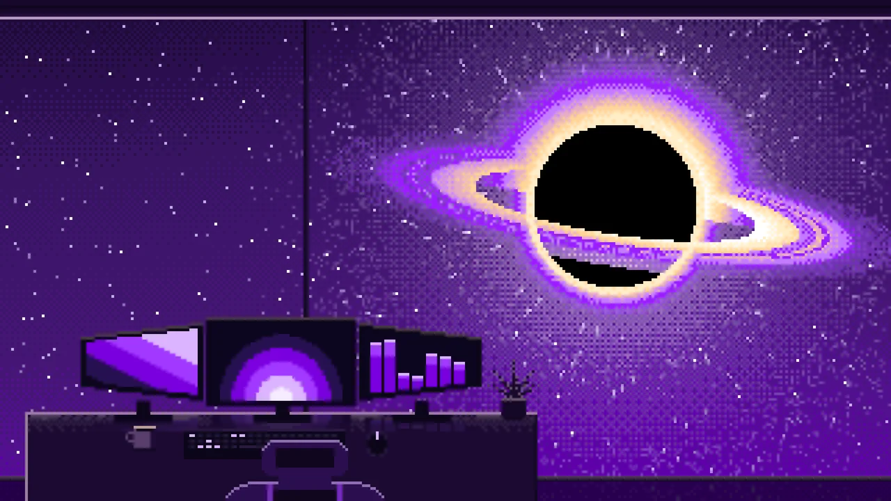 Dark Purple Pixel Art Gaming Setup Before a Black Hole desktop wallpaper in 4K