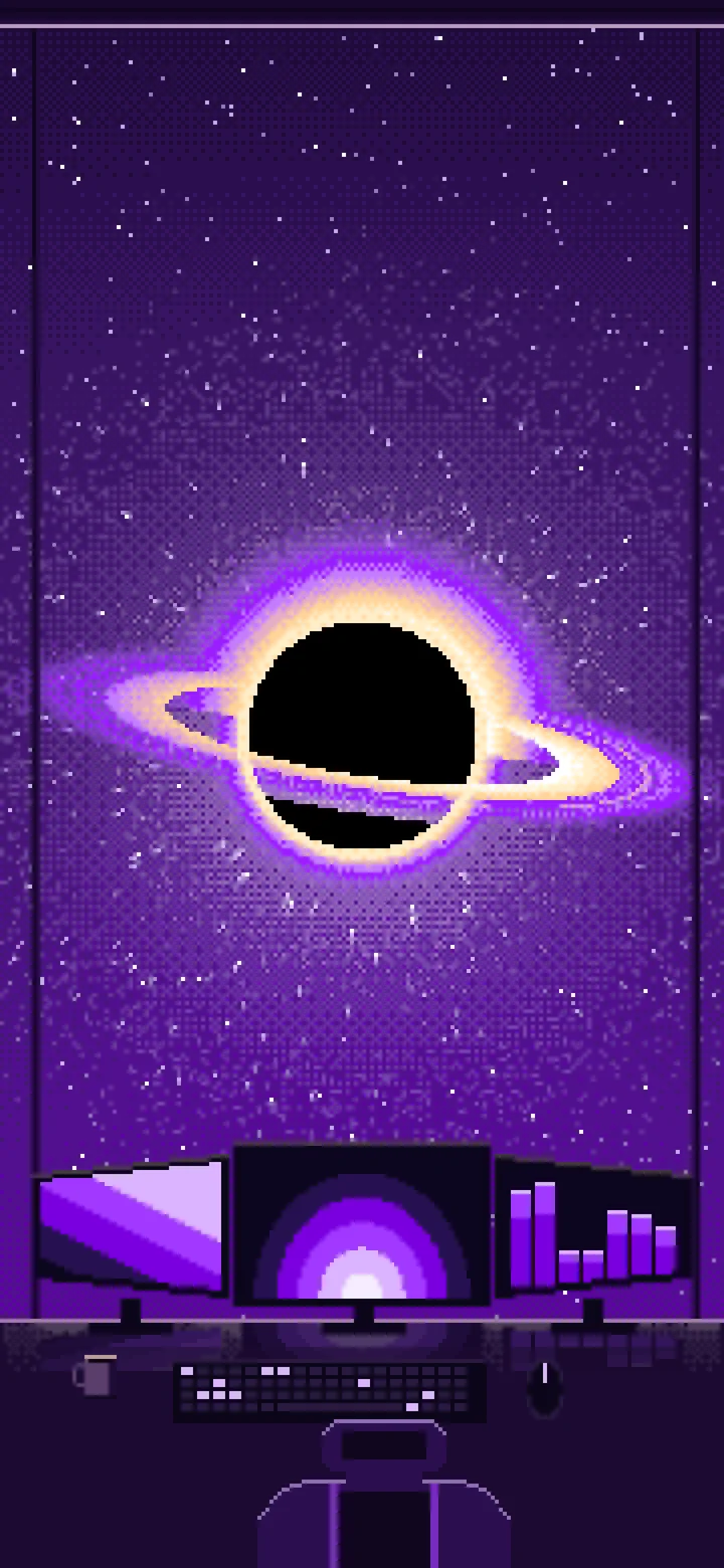 Dark Purple Pixel Art Gaming Setup Before a Black Hole wallpaper for iPhone and Android