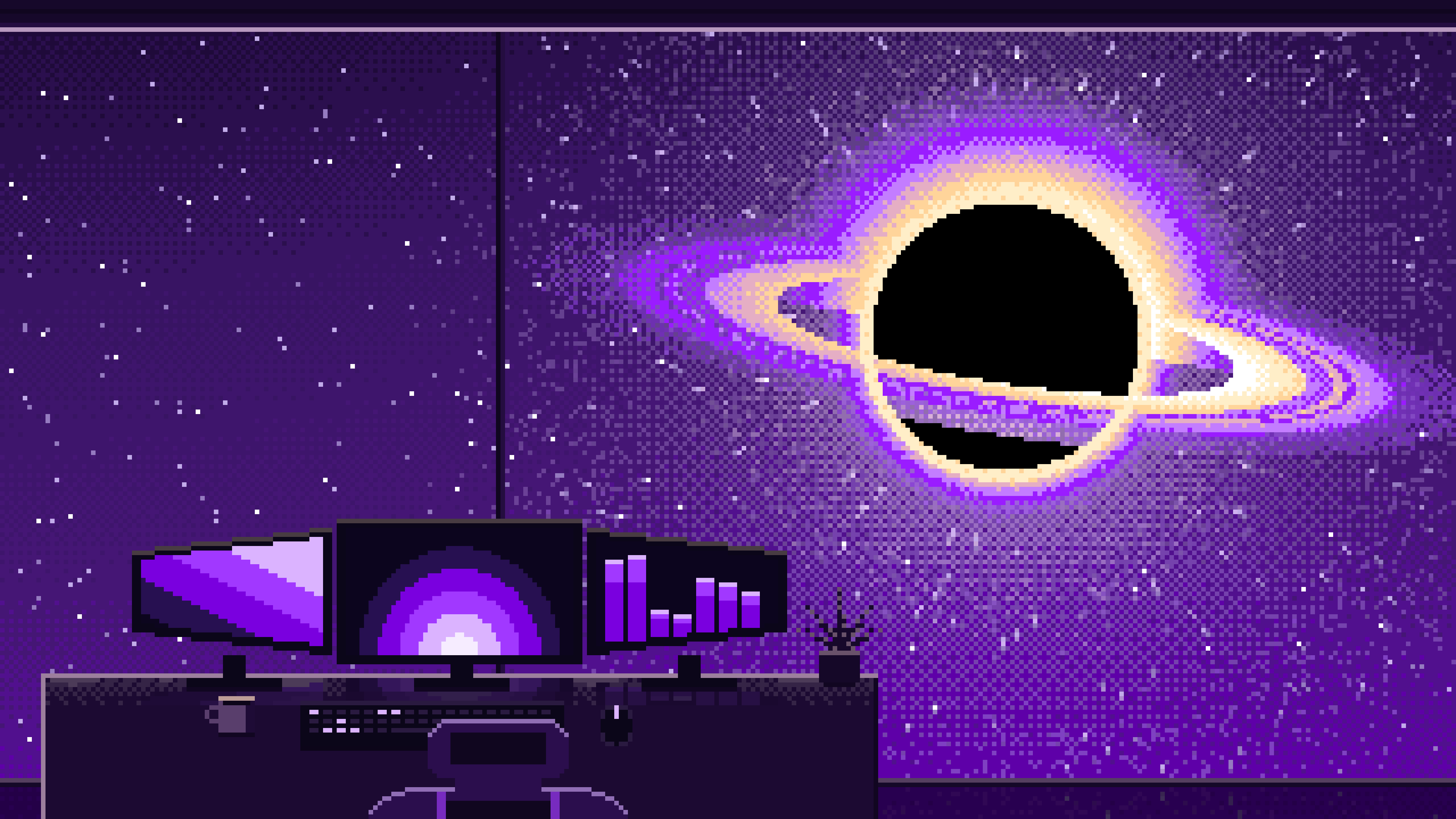 Dark Purple Pixel Art Gaming Setup Before a Black Hole desktop wallpaper in 4K