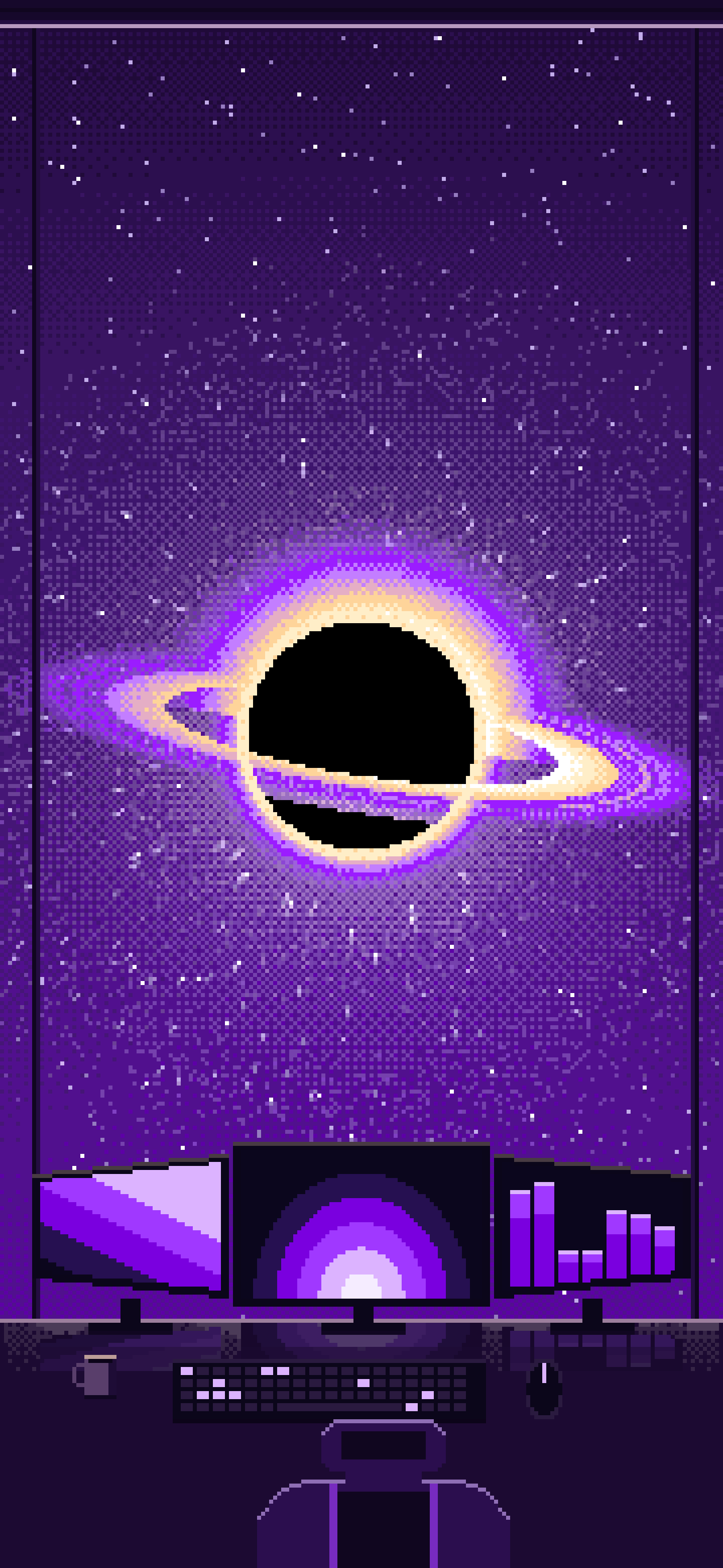 Dark Purple Pixel Art Gaming Setup Before a Black Hole wallpaper for iPhone and Android