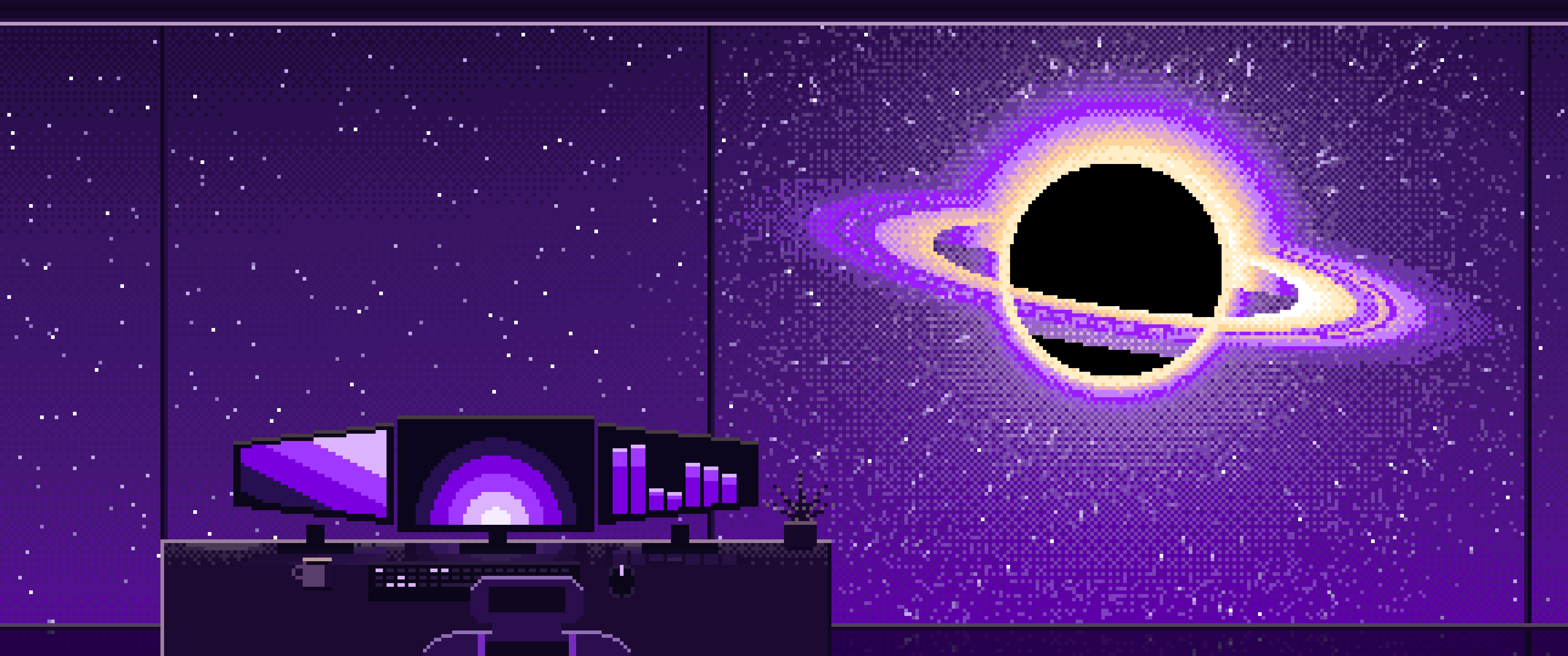 Dark Purple Pixel Art Gaming Setup Before a Black Hole ultrawide wallpaper, 3440 × 1440