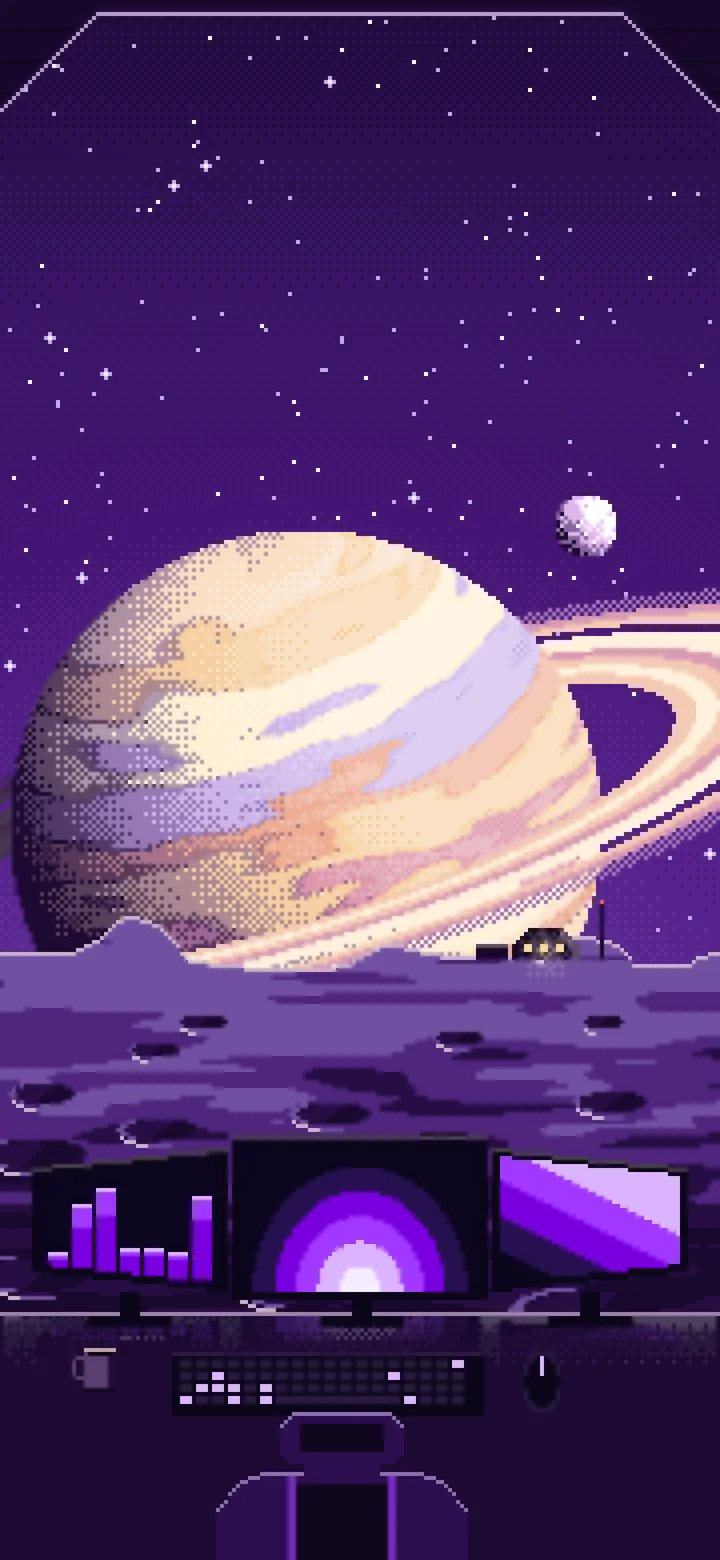 Dark Purple Pixel Art Gaming Setup Before a Ringed Planet wallpaper for iPhone and Android