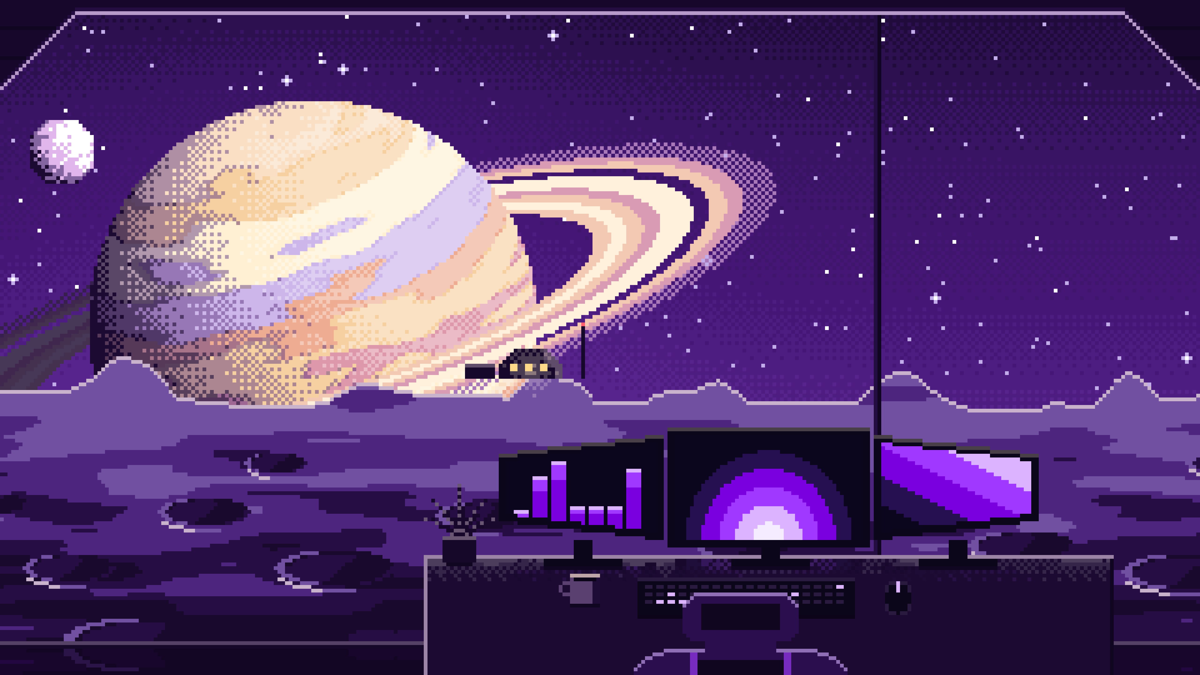 Dark Purple Pixel Art Gaming Setup Before a Ringed Planet desktop wallpaper in 4K