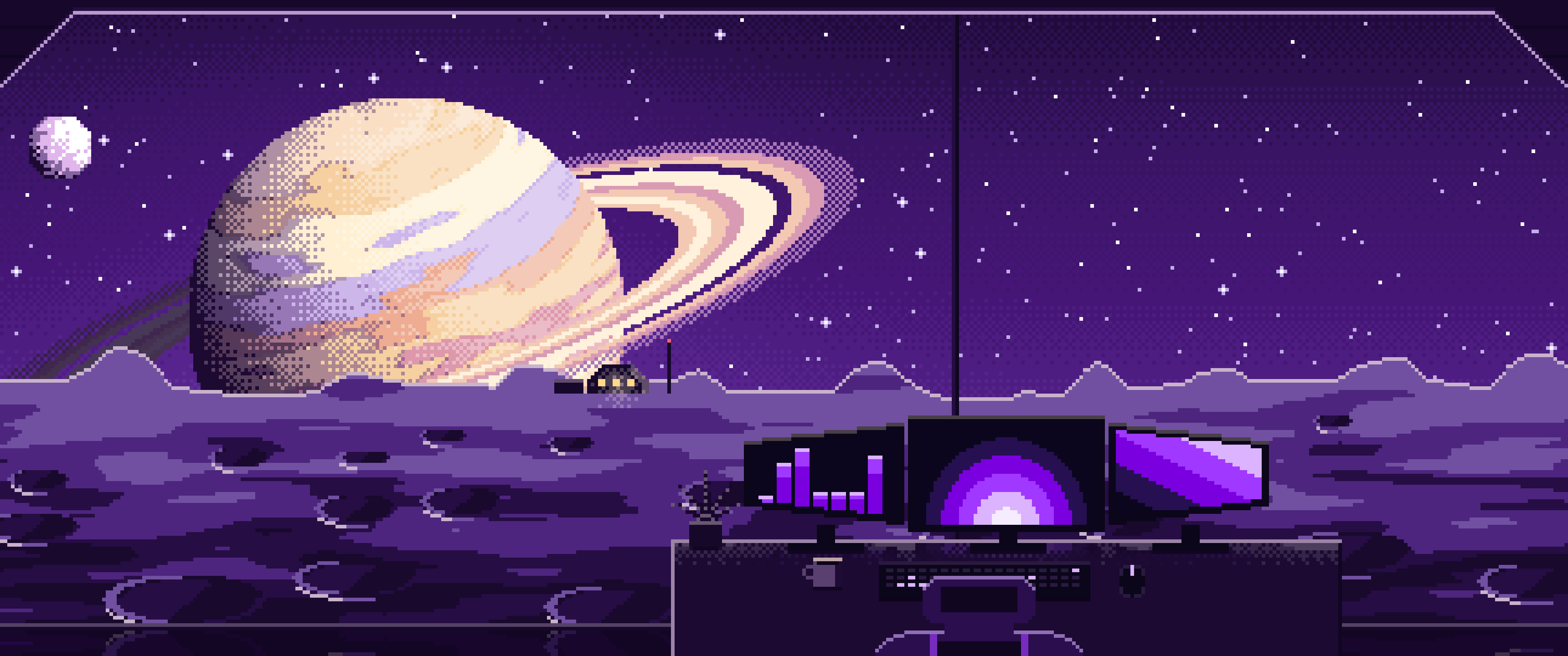 Dark Purple Pixel Art Gaming Setup Before a Ringed Planet ultrawide wallpaper, 3440 × 1440