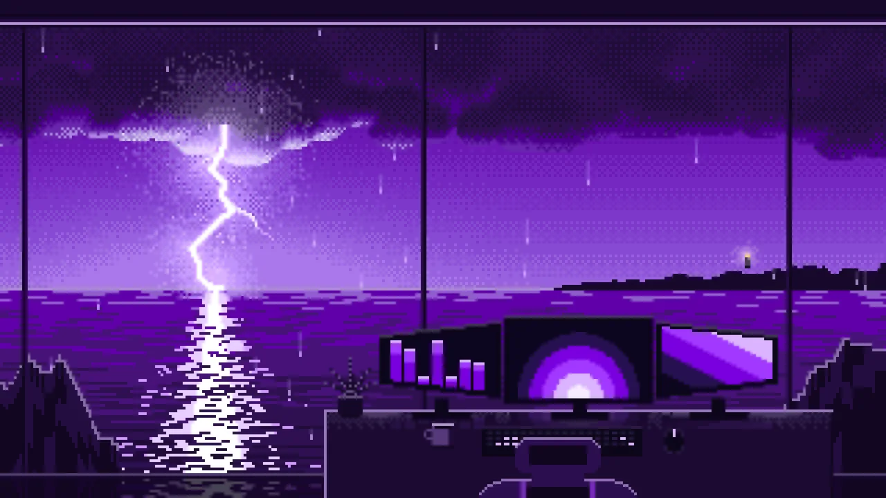 Dark Purple Pixel Art Gaming Setup in a Lightning Storm desktop wallpaper in 4K