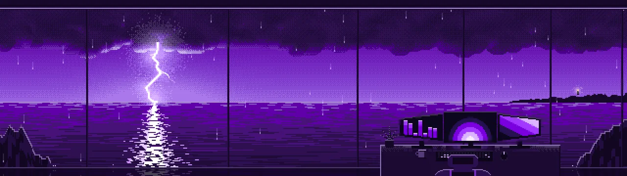 Dark Purple Pixel Art Gaming Setup in a Lightning Storm dual monitor wallpaper, 7680 × 2160