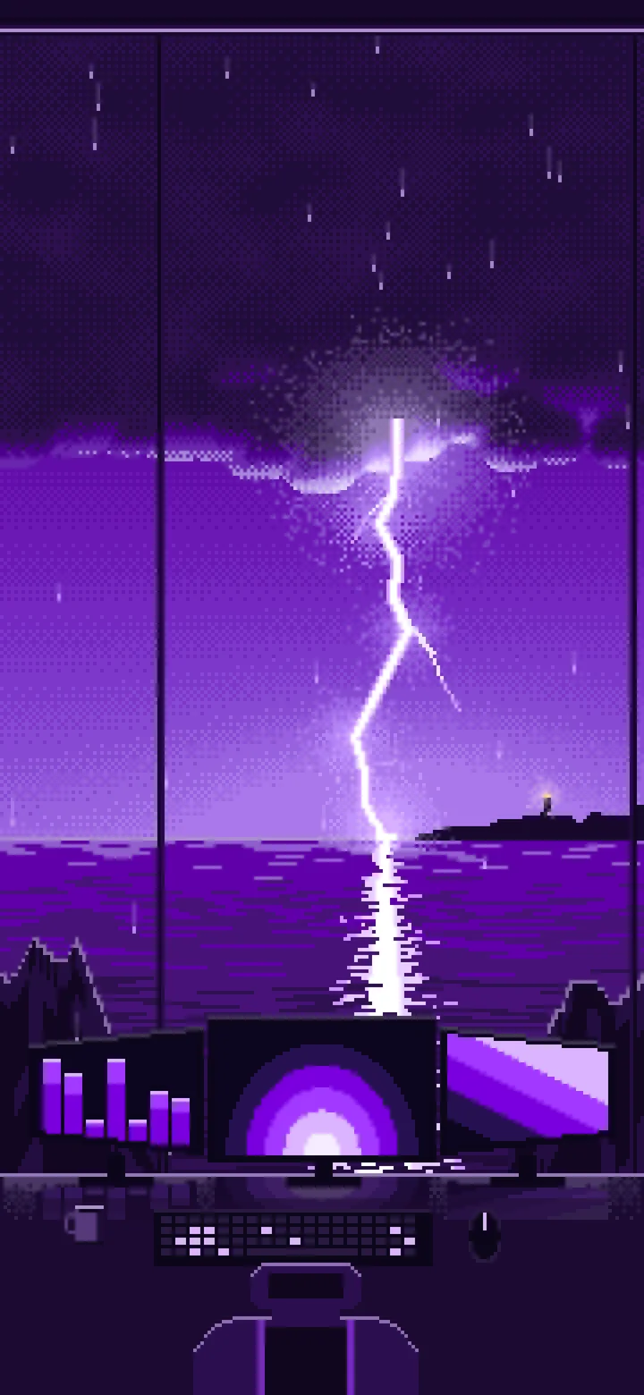 Dark Purple Pixel Art Gaming Setup in a Lightning Storm wallpaper for iPhone and Android