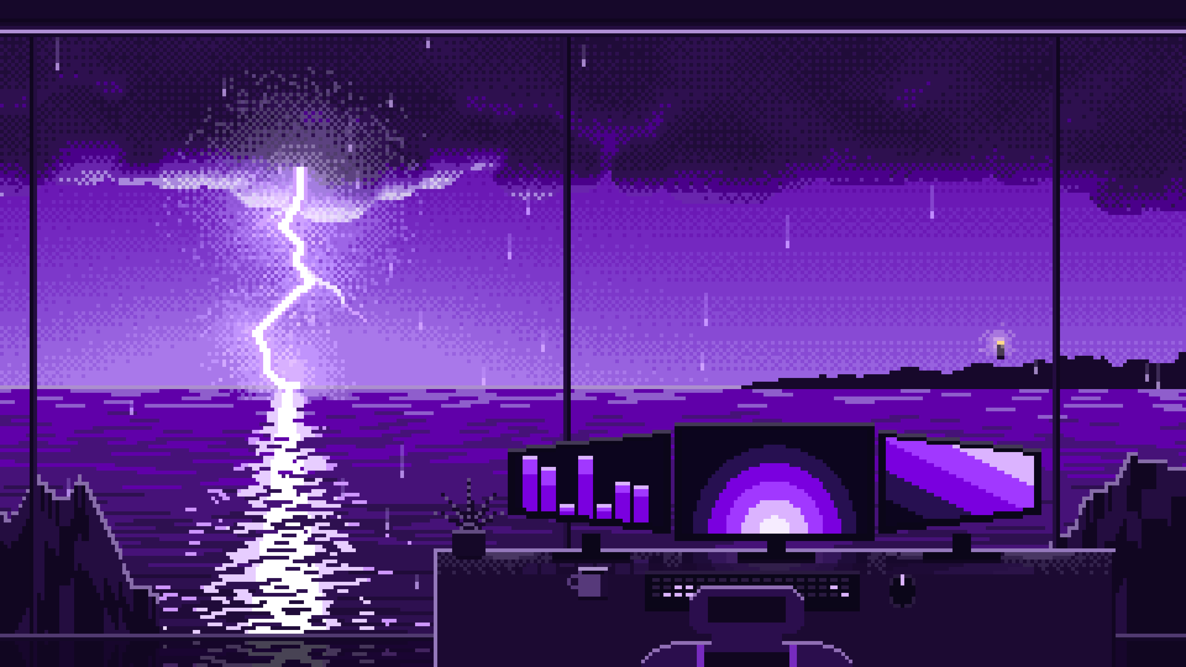 Dark Purple Pixel Art Gaming Setup in a Lightning Storm desktop wallpaper in 4K