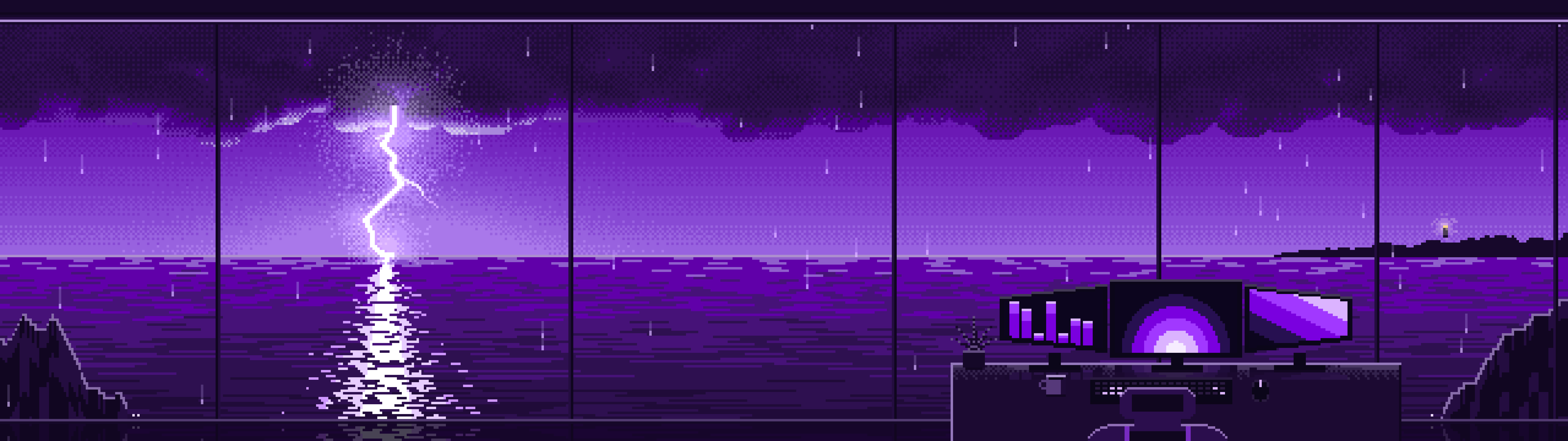 Dark Purple Pixel Art Gaming Setup in a Lightning Storm dual monitor wallpaper, 7680 × 2160